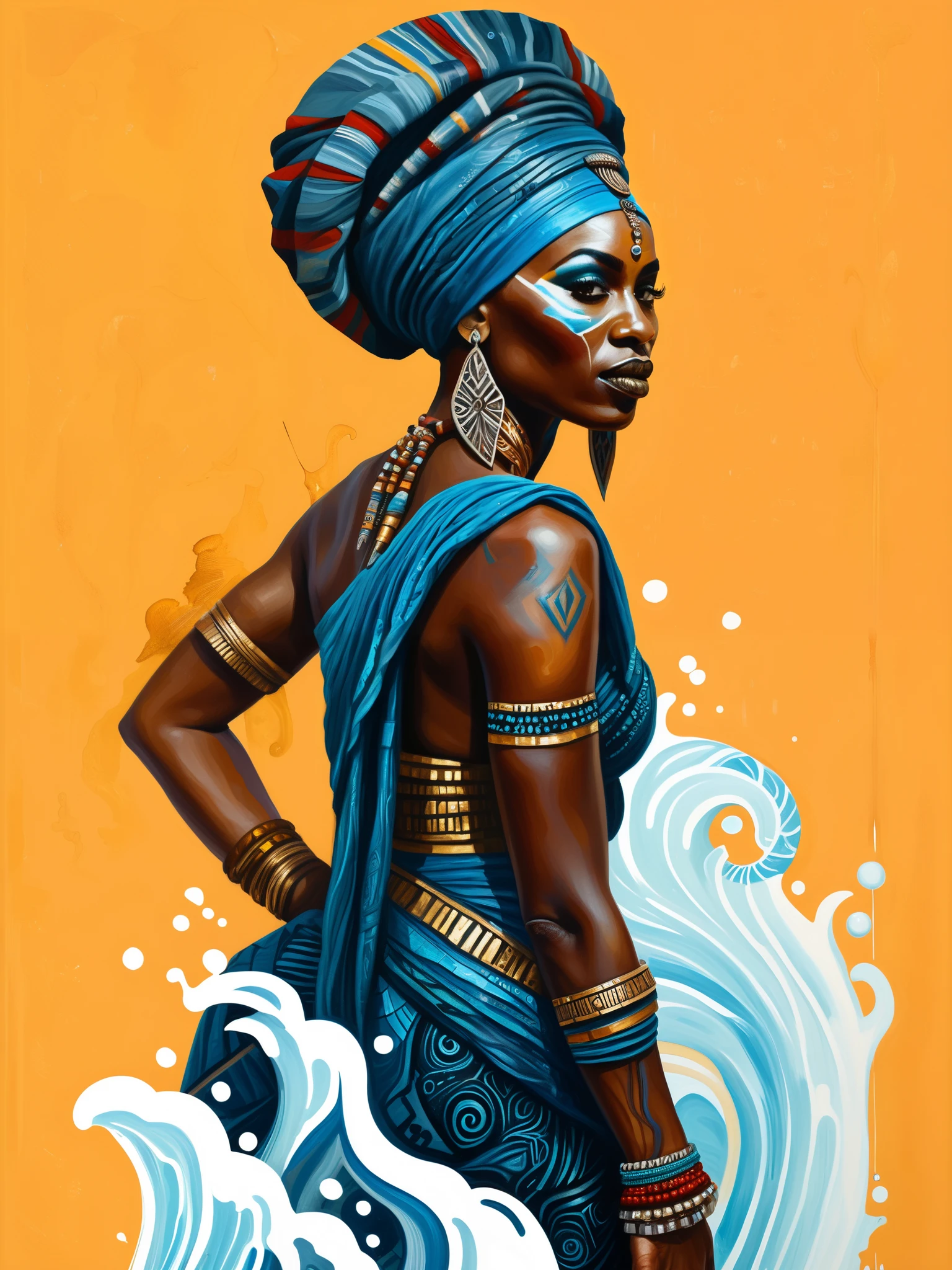 Create a stunning full-body epic fantasy RPG painting of a trans Bantu Goddess of the Sea and Water, with small turban, mixing elements of African antiquity, the aesthetics of Sword and Sorcery, references of Bantu culture and the great concepts of High Fantasy/Epic Fantasy, Midjourney effect, LoL Arcane style, hand painted, harmoniously mixing 2D and 3D styles, watercolor with graphite and oil painting. Impressionist style with vibrant colors and intricate patterns, mixing 2D and 3D, peeling paint details, full body, Midjourney effect, LoL Arcane style, trans Bantu Goddess of the Water and Sea, trans female deity of an ancient lost African nation with small turban, Goddess of the Sea and Water, artistic harmony painting, concept art station. Hyper-realistic painting, shy and restrained figure, forgotten and unknown deity with small turban, African Bantu aesthetic and textile patterns, ancient African adornments, small turban, surreal matte painting, magical realism matte painting, a mix of 2D and 3D, a harmonious blend of artistic styles such as graffiti, watercolor and oil painting, handmade painting. The vibrant colors and intricate patterns of this epic fantasy RPG painting, atmosphere of power and shyness, highlighting an ancient, forgotten and unknown deity, trans Goddess of the Sea and Water shrouded in ancient magic and dangers, hyper-realistic handmade painting by renowned concept artist. Obra-prima, Premiado várias vezes, Impressionismo, Pintura de ação, Cinematográfico, Arte conceitual,