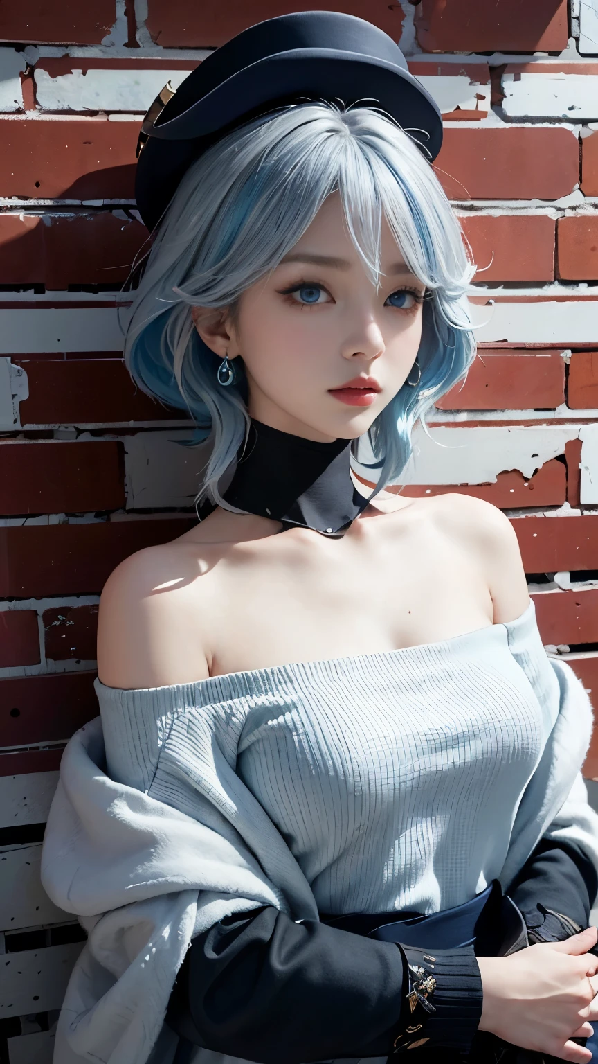 Furina from Genshin Impact, 18 years old girl, (Raw photo, Best Quality), (Realistic, Photorealsitic:1.3), masterpiece, Extremely delicate and beautiful, Soft light, (beautiful white and blue hair, Shoulder-length straight hair swaying in the wind), Beautiful detailed girl, (Detailed fingers), extremely detailed eye and face, beautiful detailed nose, Beautiful detailed eyes, 1 girl, Japanese, Neat and clean beauty, Cute, young, (big breasts), Realistic face, Realistic body, cute smile, full body view, sitting on the bed, blushing