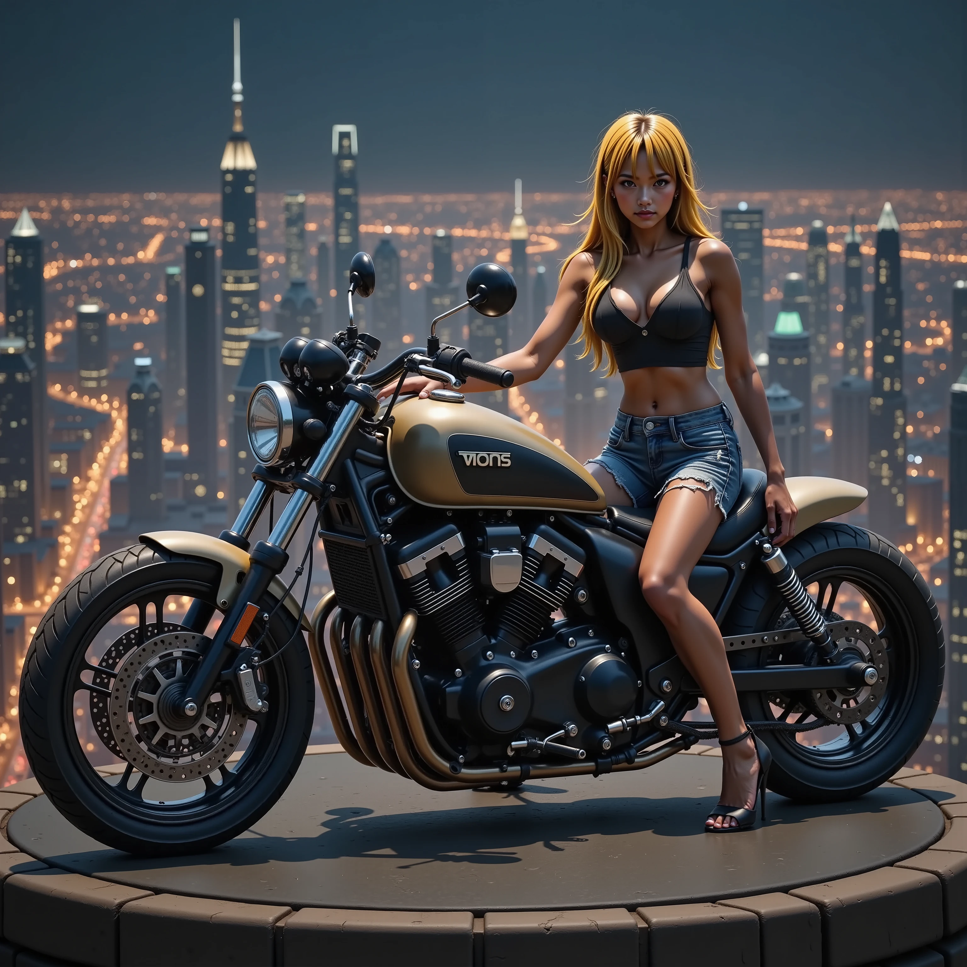 ((best quality)), ((masterpiece)), (detailed), 1girl, 8k_wallpaper, extremely detailed eyes, extremely detailed body, (large masterpiece digital art), ((perfect anatomy huge chest)), (intricate details:1.3 ), (ultra-detailed:1.3), (sharp focus:1.3), (natural lighting:1.05), (best quality:1.4), high quality, expressive eyes, full body, tall girl, detailed face, beautiful face, perfect face, detailed ((blonde hair)), (gold eyes), ({dark skinned female}), gigantic breasts, thick thighs, strong arm and leg muscles, strong abdominal muscles, {{the whole body is covered with yakuza tattoos}}, ((yakuza tattoo model Yerin)), Korean women, wearing a modern short black cloth jacket with rolled up sleeves, (wearing heavy gold colored steel armor), a wide red leather belt with blue steel yarn, steel boots, steel thigh guards, a walkie-talkie attached to his belt, a hiking backpack on his back, riding a motorcycle through Seoul at night, cyberpunk,