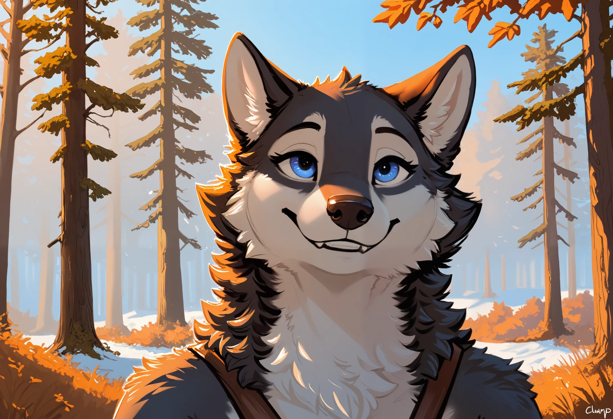Beautiful and detailed portrait of female human husky, Full body like,Kenket, ross tran,ruanjia, trending on artstationh,Foxovh, cinmatic lighting, 4K,No clothing,nakeness,Collar,ssmile,Black and white arms,
ln the forest, Mountains, Clouds, Far River, blue color eyes
