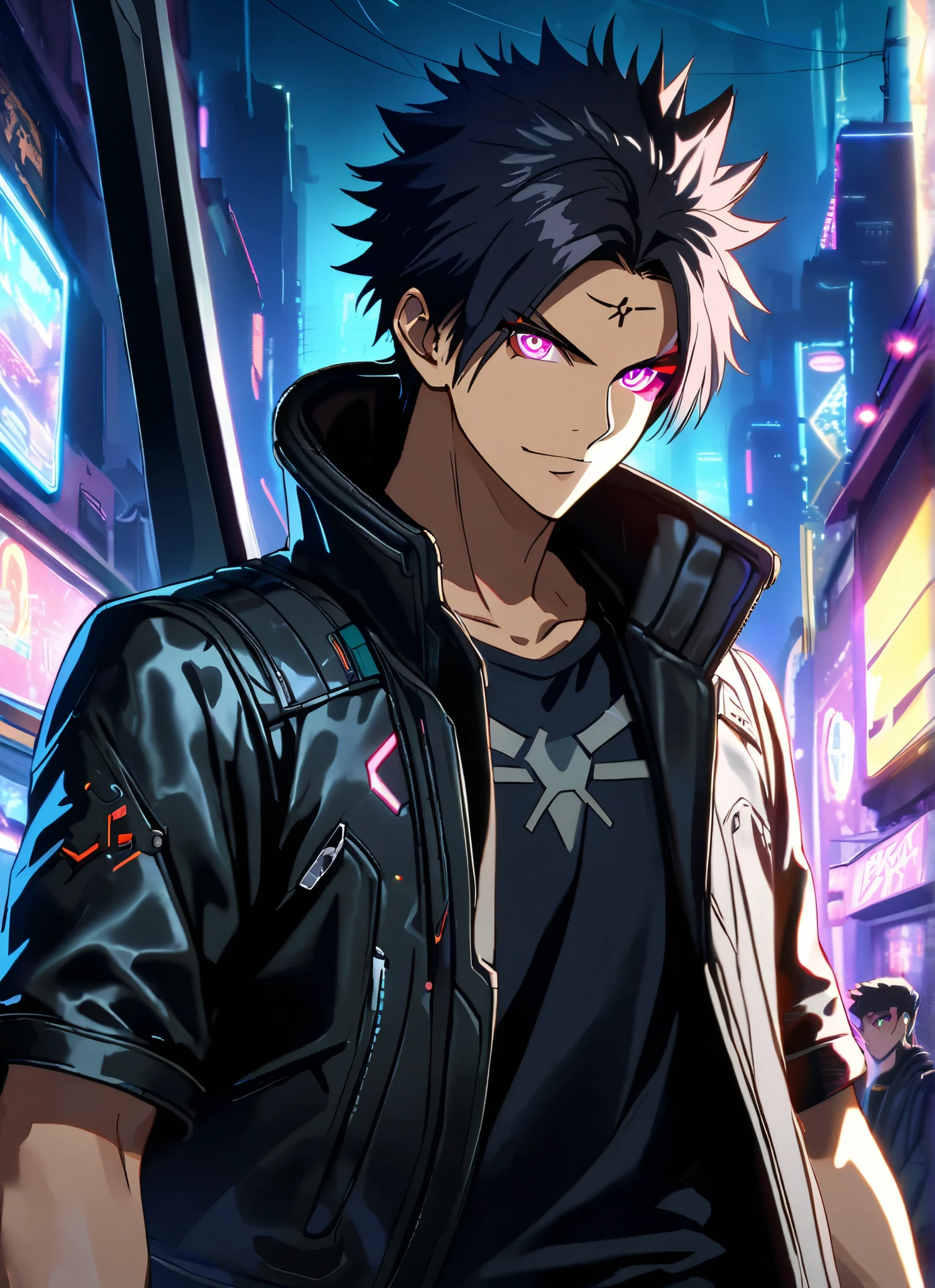 A man, short hair, spiky upwards, with some strands falling on the forehead,  with a giant Sword on the back, a giant neon black sword , wearing a leather white jacket and black t shirt, stand and confident pose, confidente smile, cyberpunk, night, fingerless gloves , black hair, neon eyes