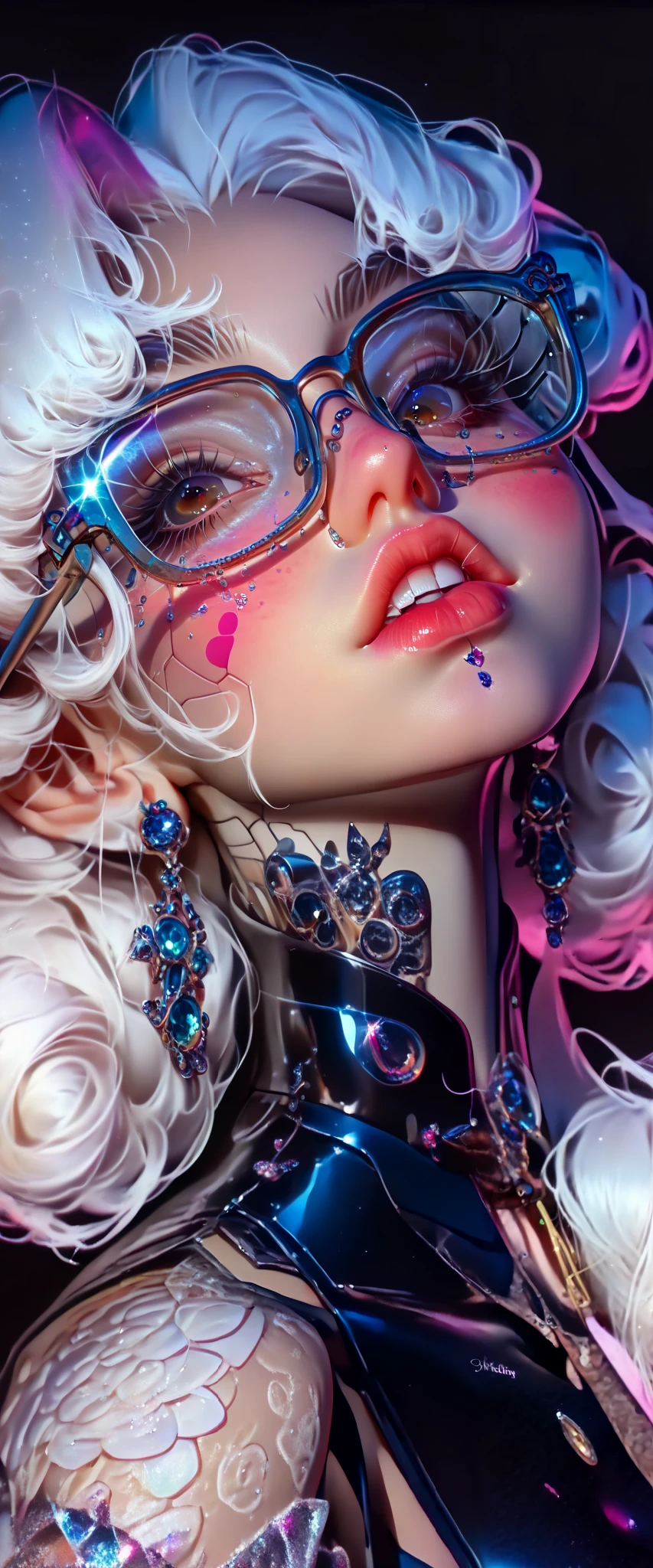 (( a close up of a woman Elegant and delicate cartoon exaggerates the features a little:1.52, Make it delicate and sensual :1.5, accentuating features such as a fleshy and thick mouth , slightly larger eyes made up with bright and colorful glitter , and very long eyelashes with glitter at the tips , rosy cheeks :1.51, Beautiful face of a cyberpunk girl , great digital art with details, by lightly biting your lower lip , sensually, Wear glasses you can see the reflection in the glasses of the glasses :1.5)), digital art. masterpiece , Detailed woman, full lips in the style of Angelina Jolie , long false eyelashes , eye makeup blushed lips and cheeks , she wears earrings all over her ear like piercings and in the ovum of her ear she has a hoop embedded, a piercing on her lips and nose , , Brandon Woelfel, tattooed face, tattoos and piercings, realistic digital art 4k, realistic digital art 4 k, tattoo style, cyberpunk art style, Girl with glasses , Chiaroscuro, cinematic lighting , optical illusion , high definition , U high definition , Retina, body masterpiece, Precise, Anatomically correct , textured skin, super detail , tall details, high quality, awarded , best quality skirt, highres, 1080P, high definition , 16K