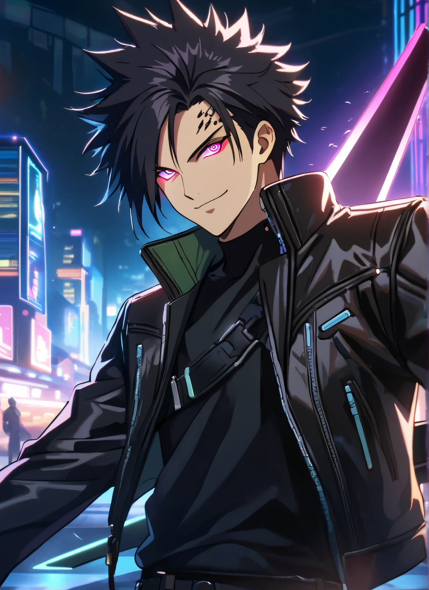 A man, short hair, spiky upwards, with some strands falling on the forehead, with a giant Sword on the back, a giant neon black sword , wearing a leather white jacket and black t shirt, stand and confident pose, confidente smile, cyberpunk, night, fingerless gloves , black hair, neon eyes
