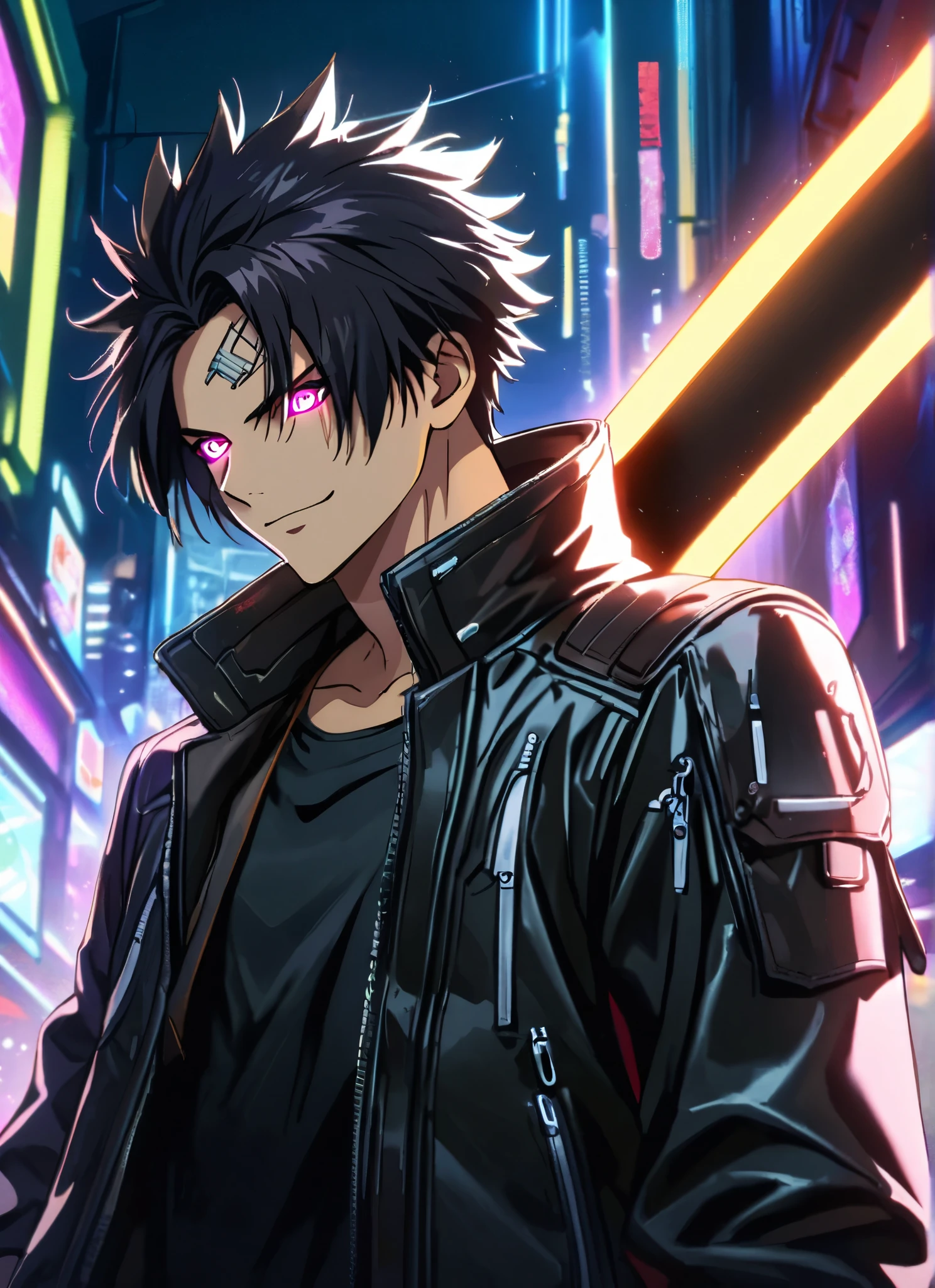 A man, short hair, spiky upwards, with some strands falling on the forehead, with a giant Sword on the back, a giant neon black sword , wearing a leather white jacket and black t shirt, stand and confident pose, confidente smile, cyberpunk, night, fingerless gloves , black hair, neon eyes