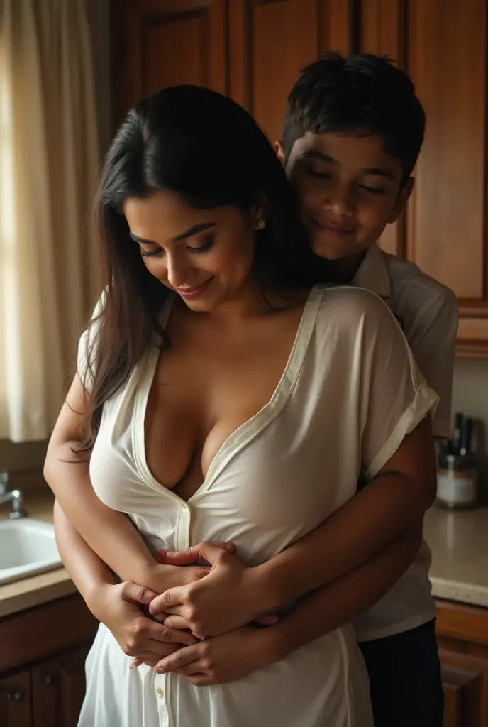 Busty arabian Mother with her teen boy and daughter. Photo. Optimistic