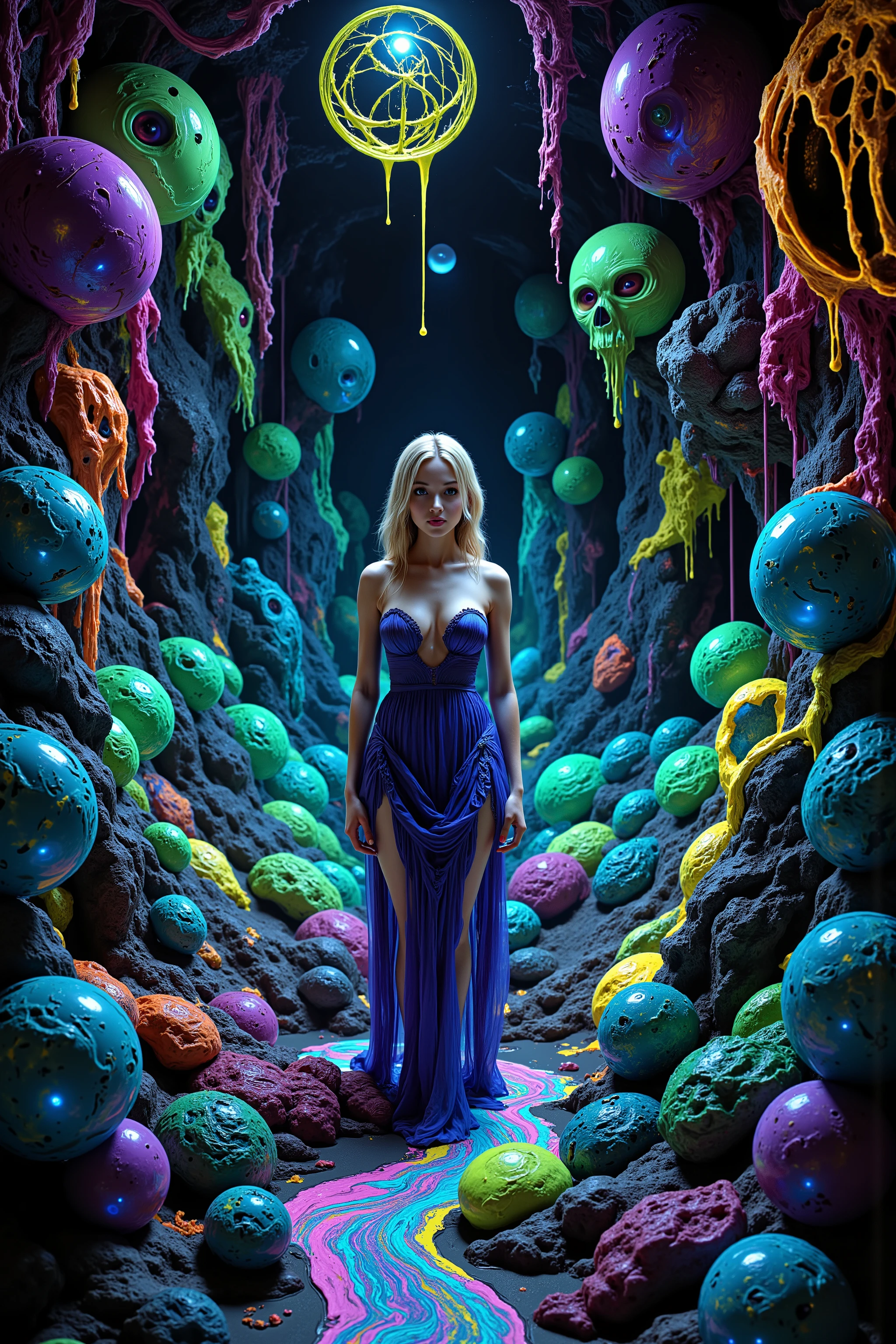 Ultraviolet bright glow and shine reflects off of all objects in this image. Fabricated Blonde young woman, very attractive, her dress is glowing within, in super bright ultraviolet light. Around her the spheres and orbs reflect vibrant colors shimmering, glass morphing from colors. Blonde poses in neon, pastel ultraviolet mud, marbled with bright multicolored paste and gel in intricate patterns that twist in and out of objects while dripping into each other, perfectly formed symmetrical spheres and glowing reflective bubbles, extreme attention to detail on the bubbles and spheres, rainbows of color twist out of translucent orbs, spilled paint and colored mud with swirling color, all black background, beautiful psychedelic digital art, pixel art, neon colors, 4d mandelbulb psychedelics, glass-like psychedelic landscape, intricate rainbow coloured environment, psychedelic underwater brightness, trails of color and light, bright fluorescent colors, psychedelic vibrant colors, bright psychedelic neon colors, colorful paint drips out of the bubbles, 3D glass spheres melting into each other spilling out colors, visually disorienting, hallucination inducing, optical illusions, startling, stunning images, awe-inspiringly, best quality cyborg girl, portrait photography, surrealism, photorealistic, hyper detailed, glass morphism, digital art, sparkle, optical illusion, glowing light, reflection light, overexposure, god rays backlighting, depth of field, rotational symmetry, UHD, high details, high quality, super detailed, best quality, award winning, Masterpiece. Spheres reflecting light everywhere and it brings out images and optical illusions for the viewer's disorienting experience of looking at it. Super bright neon flux Colors.** incorporate bright neon green, neon blue, neon purple, neon yellow, &blood red**Extreme glow and shine reflect off