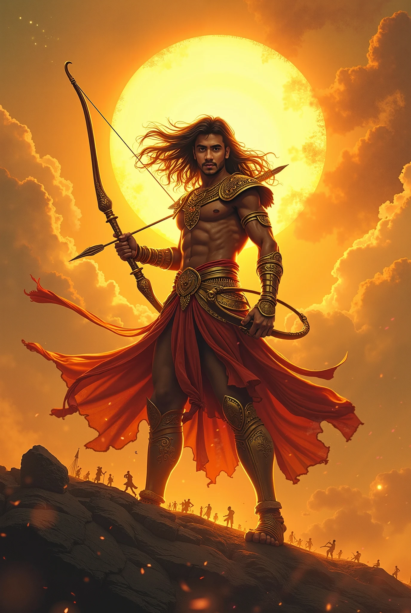 Depict Arjuna, a young and powerful warrior, standing at the center of an epic scene. He holds the Trident of Shiva in one hand and the Divine Bow of Vishnu in the other, both glowing with cosmic energy. Arjuna's expression is determined and resolute, his body emanating a divine aura that reflects his immense power. His traditional warrior attire is adorned with symbols of divinity, and behind him, the ruins of Mahabal Ashram loom in the distance, partially shrouded in shadow. The scene should be dynamic and filled with a sense of impending battle."