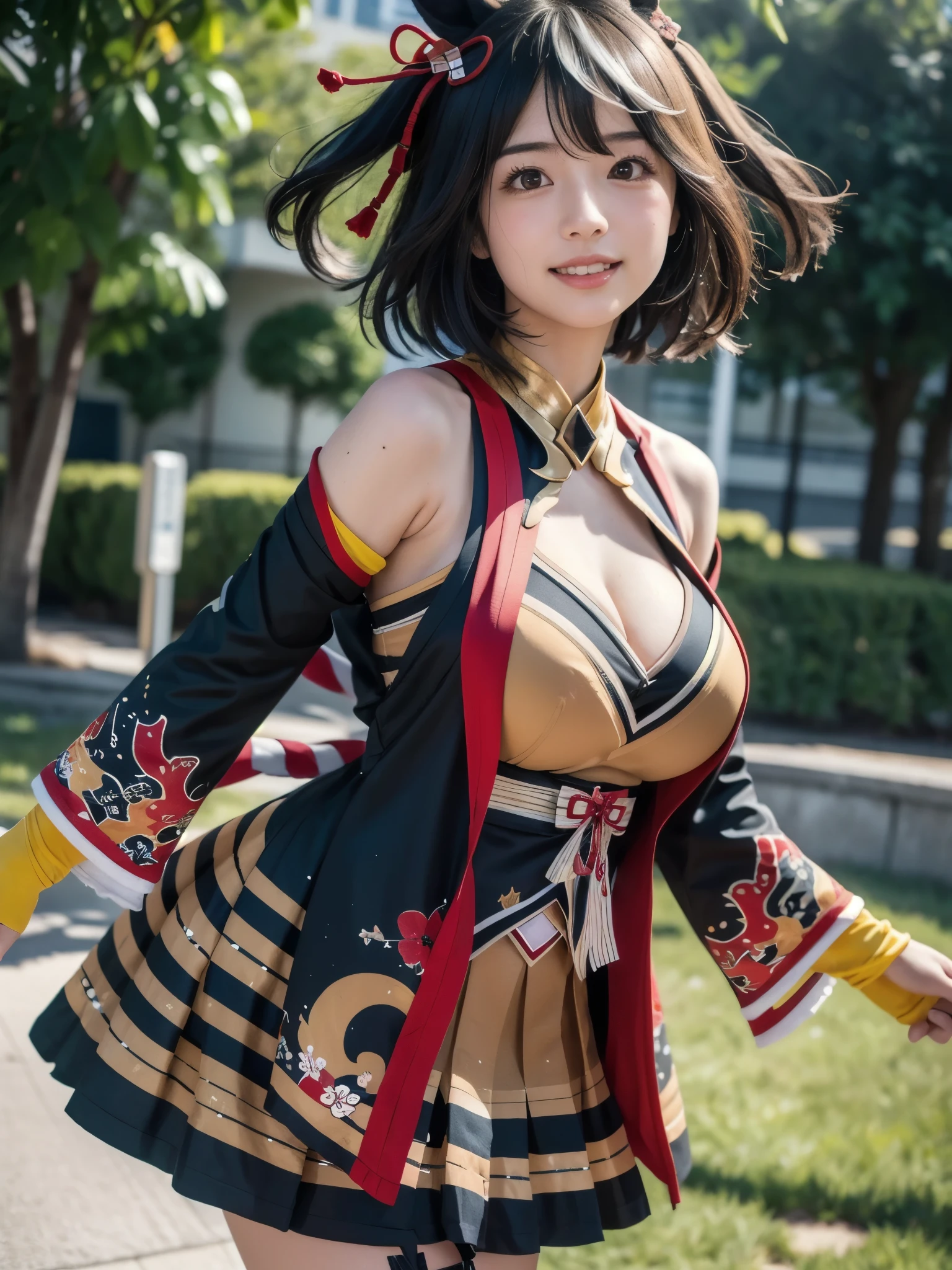 (Best Quality, Masterpiece:1.4), (Realism:1.2), (Realisitc:1.2), (Absurdres:1.2), (photorealistic:1.3), Realistic Skin,Solo,( Very Big Eyes,beautiful detailed eyes, symmetric eyes,), ((cowboy shot)), <lora:xiangling1-000011:1>, xianglingdef, outdoors, black thighhighs,