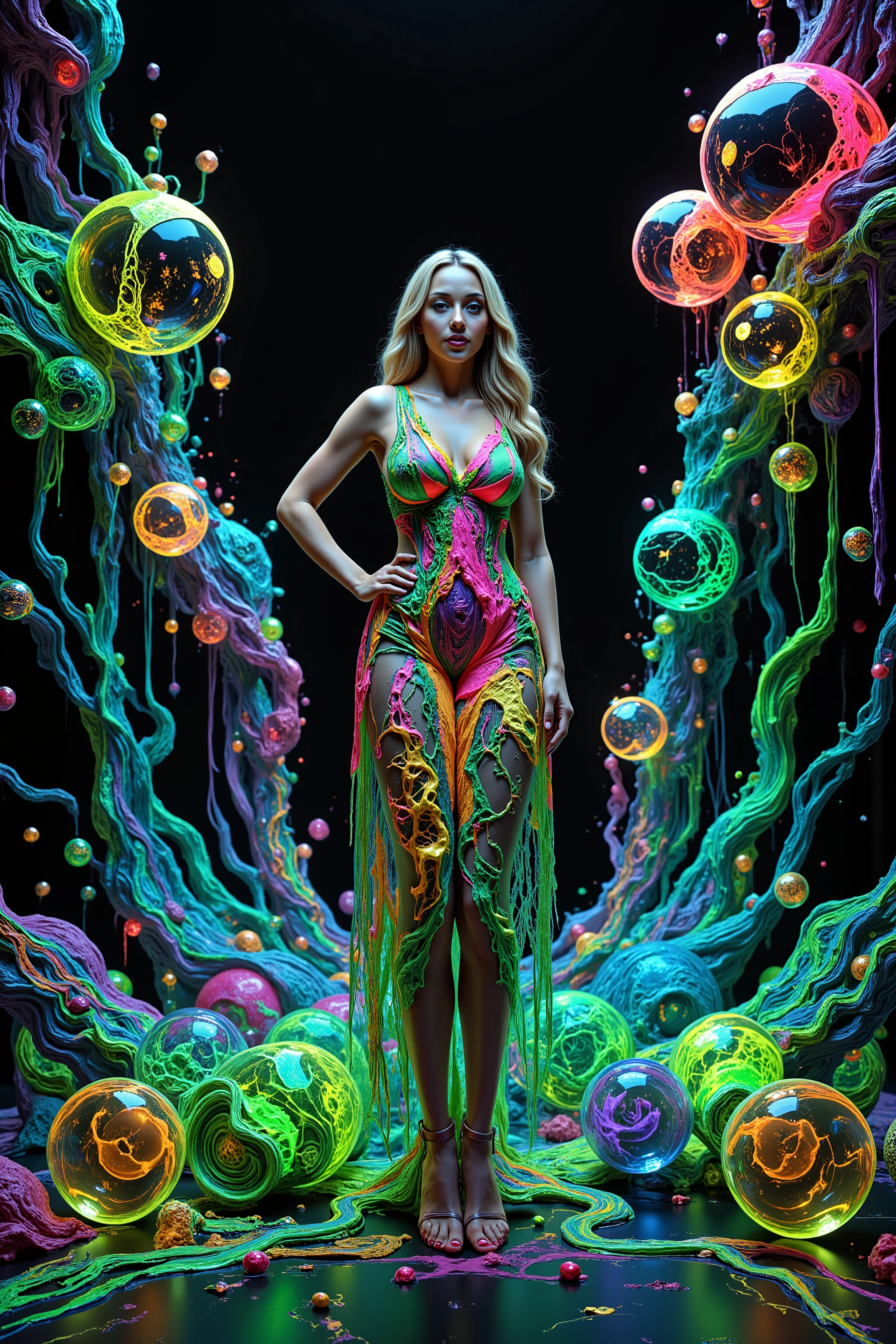 Ultraviolet bright glow and shine reflects off of all objects in this image. Fabricated Blonde young woman, very attractive, her dress is glowing within, in super bright ultraviolet light. Around her the spheres and orbs reflect vibrant colors shimmering, glass morphing from colors. Blonde poses in neon, pastel ultraviolet mud, marbled with bright multicolored paste and gel in intricate patterns that twist in and out of objects while dripping into each other, perfectly formed symmetrical spheres and glowing reflective bubbles, extreme attention to detail on the bubbles and spheres, rainbows of color twist out of translucent orbs, spilled paint and colored mud with swirling color, all black background, beautiful psychedelic digital art, pixel art, neon colors, 4d mandelbulb psychedelics, glass-like psychedelic landscape, intricate rainbow coloured environment, psychedelic underwater brightness, trails of color and light, bright fluorescent colors, psychedelic vibrant colors, bright psychedelic neon colors, colorful paint drips out of the bubbles, 3D glass spheres melting into each other spilling out colors, visually disorienting, hallucination inducing, optical illusions, startling, stunning images, awe-inspiringly, best quality cyborg girl, portrait photography, surrealism, photorealistic, hyper detailed, glass morphism, digital art, sparkle, optical illusion, glowing light, reflection light, overexposure, god rays backlighting, depth of field, rotational symmetry, UHD, high details, high quality, super detailed, best quality, award winning, Masterpiece. Spheres reflecting light everywhere and it brings out images and optical illusions for the viewer's disorienting experience of looking at it. Super bright neon flux Colors.** incorporate bright neon green, neon blue, neon purple, neon yellow, &blood red**Extreme glow and shine reflect off