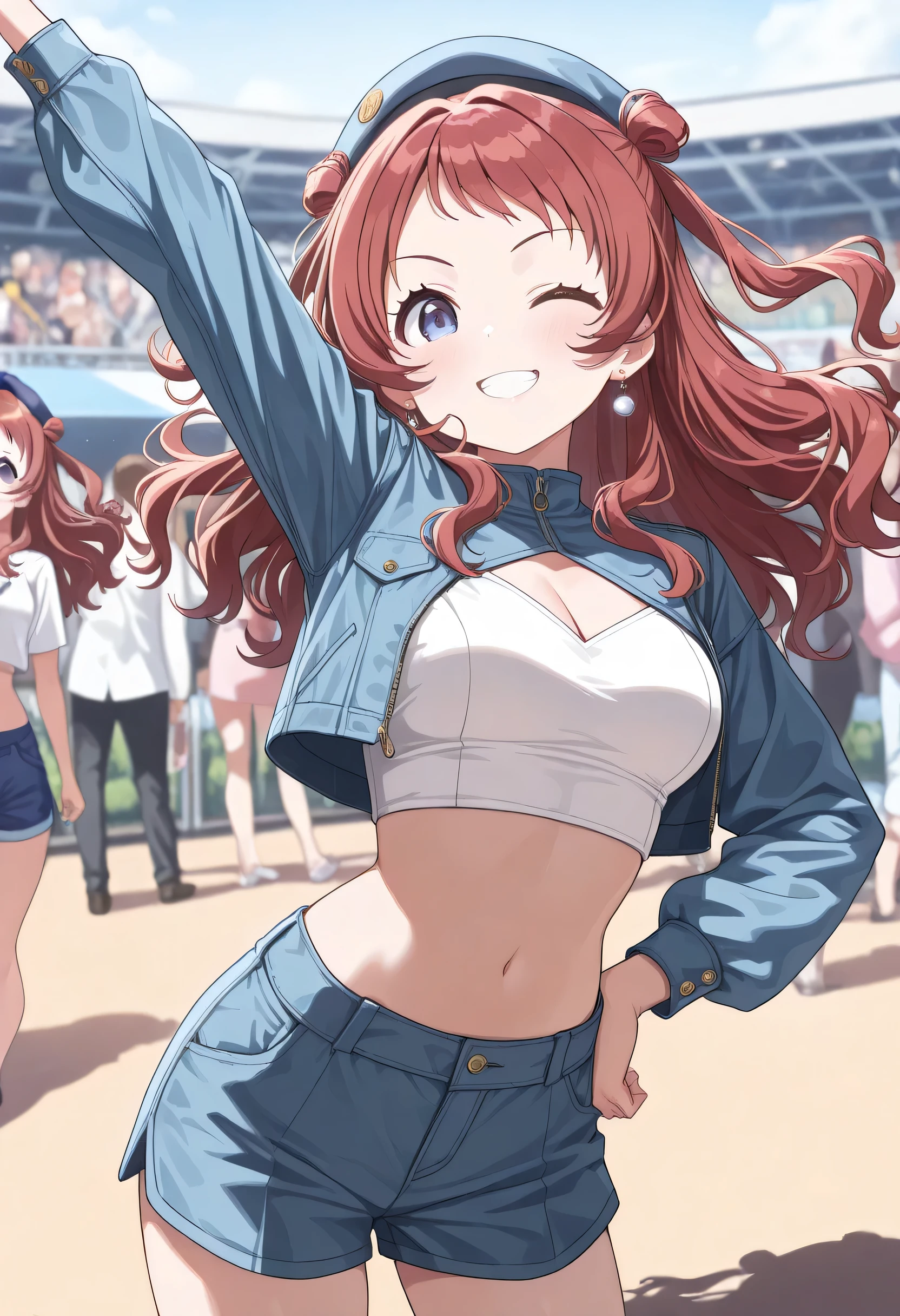 (masterpiece),(best quality),(ultra-detailed),(best illustration),(best shadow),(absurdres),(detailed background),(very aesthetic),saki, 1girl, hanami saki, double bun, hair bun, red hair, blue eyes, long hair,aaa,1girl, long hair, breasts, looking at viewer, smile, blue eyes, long sleeves, hat, navel, jewelry, purple eyes, white shirt, cowboy shot, earrings, red hair, open clothes, one eye closed, solo focus, midriff, grin, open jacket, arm up, crop top, hand on own hip, clothing cutout, blurry background, beret, cleavage cutout, blue jacket, blue headwear, cropped jacket, blue shorts