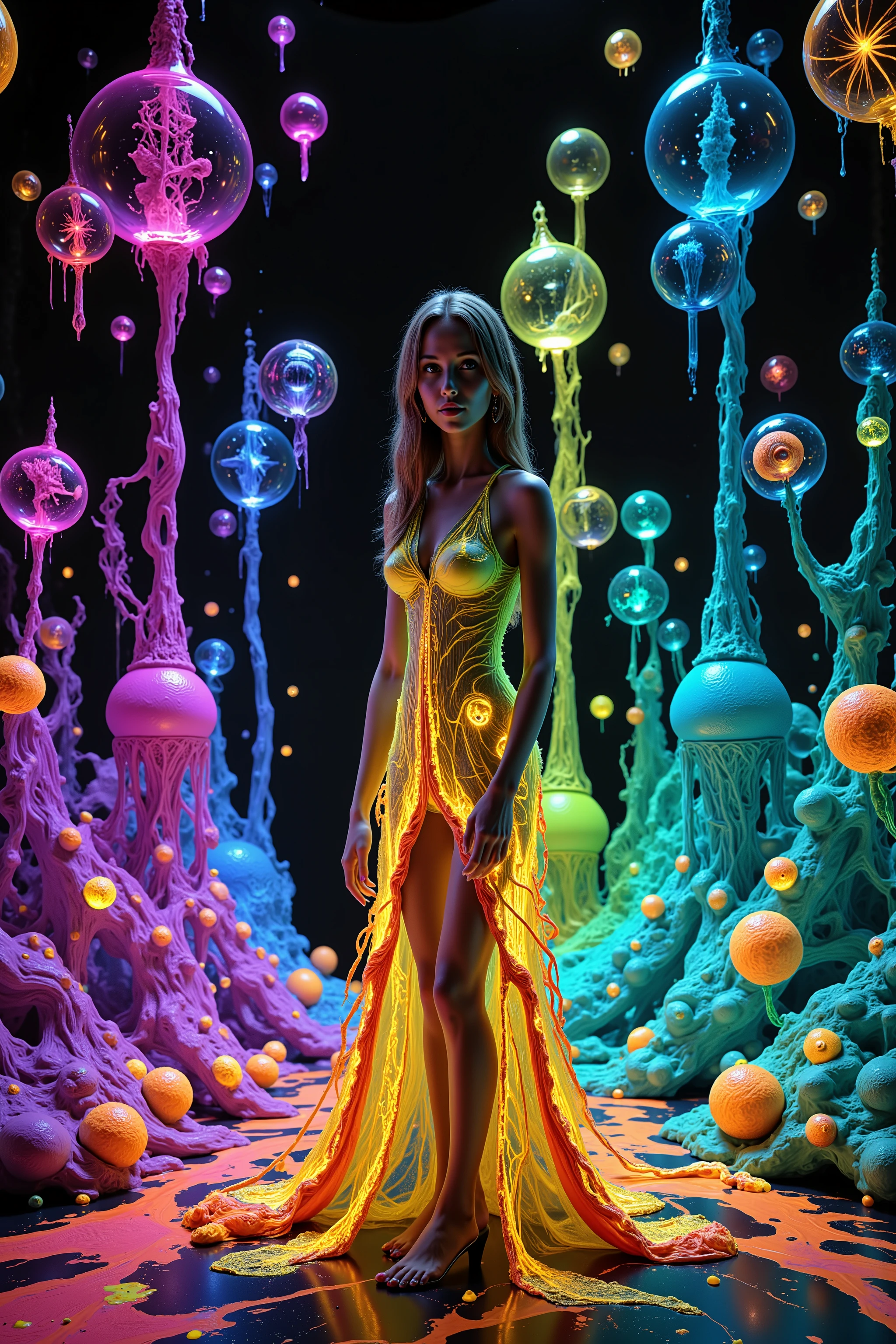 Ultraviolet bright glow and shine reflects off of all objects in this image. Fabricated Blonde young woman, very attractive, her dress is glowing within, in super bright ultraviolet light. Around her the spheres and orbs reflect vibrant colors shimmering, glass morphing from colors. Blonde poses in neon, pastel ultraviolet mud, marbled with bright multicolored paste and gel in intricate patterns that twist in and out of objects while dripping into each other, perfectly formed symmetrical spheres and glowing reflective bubbles, extreme attention to detail on the bubbles and spheres, rainbows of color twist out of translucent orbs, spilled paint and colored mud with swirling color, all black background, beautiful psychedelic digital art, pixel art, neon colors, 4d mandelbulb psychedelics, glass-like psychedelic landscape, intricate rainbow coloured environment, psychedelic underwater brightness, trails of color and light, bright fluorescent colors, psychedelic vibrant colors, bright psychedelic neon colors, colorful paint drips out of the bubbles, 3D glass spheres melting into each other spilling out colors, visually disorienting, hallucination inducing, optical illusions, startling, stunning images, awe-inspiringly, best quality cyborg girl, portrait photography, surrealism, photorealistic, hyper detailed, glass morphism, digital art, sparkle, optical illusion, glowing light, reflection light, overexposure, god rays backlighting, depth of field, rotational symmetry, UHD, high details, high quality, super detailed, best quality, award winning, Masterpiece. Spheres reflecting light everywhere and it brings out images and optical illusions for the viewer's disorienting experience of looking at it. Super bright neon flux Colors.** incorporate bright neon green, neon blue, neon purple, neon yellow, &blood red**Extreme glow and shine reflect off