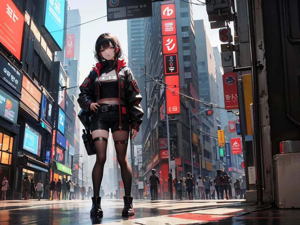 absurdres, RAW photo, extremely delicate and beautiful, masterpiece, Highest Quality, ultra high resolution, 32k, hyperrealistic, realistic, photorealistic, photo-realistic, Real, ultra-detailed, Very detailed CG 8k wallpaper, detailed background, landscape, Beautiful Lighting, Perfect Lightning, Realistic Shadows, perfect ???????, anatomically correct, ideal ratio body proportions, perfect figure, Perfect Style, Perfect balance, super Detailed skin, in her 30s, very Slim body, narrow waist, very small head, very small face, delicate facial features, handsome detailed woman, very detailed eyes and face, realistic face proportions, Realistic beautiful face, Realistic beautiful eyes, tearful mole, earring, full body shot, whole body shot, very huge round tits, medium hair, asymmetrical hair, wavy hair, legs, thighs, knees, Tech jacket, cyberpunk, tech gas mask, tech accessories, Background with cold neon lights and black,