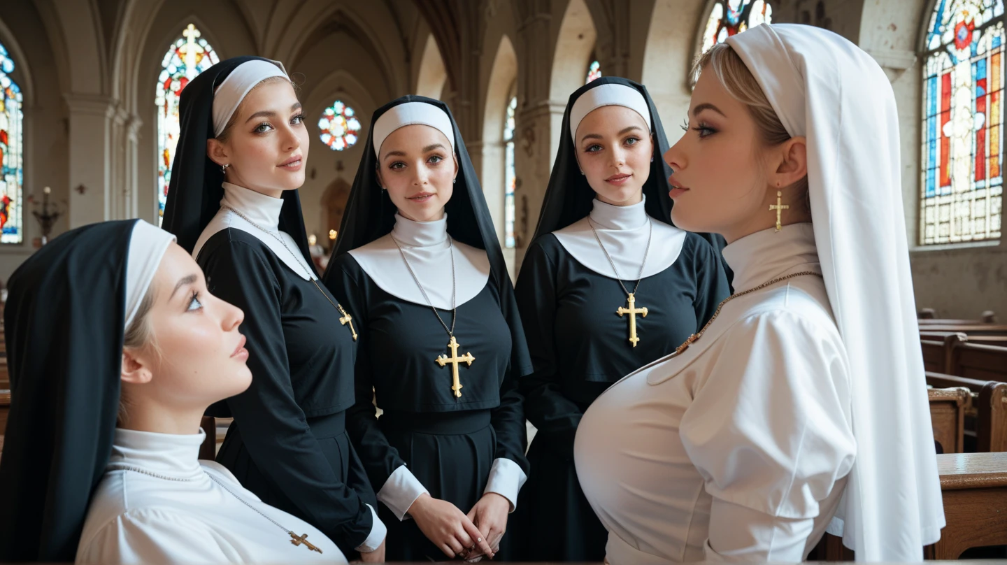 three girls, masterpiece,best qualtiy,hdr, hyper HD, 8K,Bokeh,Ultra-fine painting,Sharp focus,Physically-based rendering,Extreme detail description,full-body photo, in a monastary, looking at viewer, (big breasts:1.5), (kissing:1.2), (dressed like a nun:1.2), (undressing eachother:1.2), (touching breasts:1.2), sexy smile, choker, (long wolf_cut hair), (EOS R8, 50 millimeters, F1.2, 8K, RAW photo:1.2), photograph by arny freytag