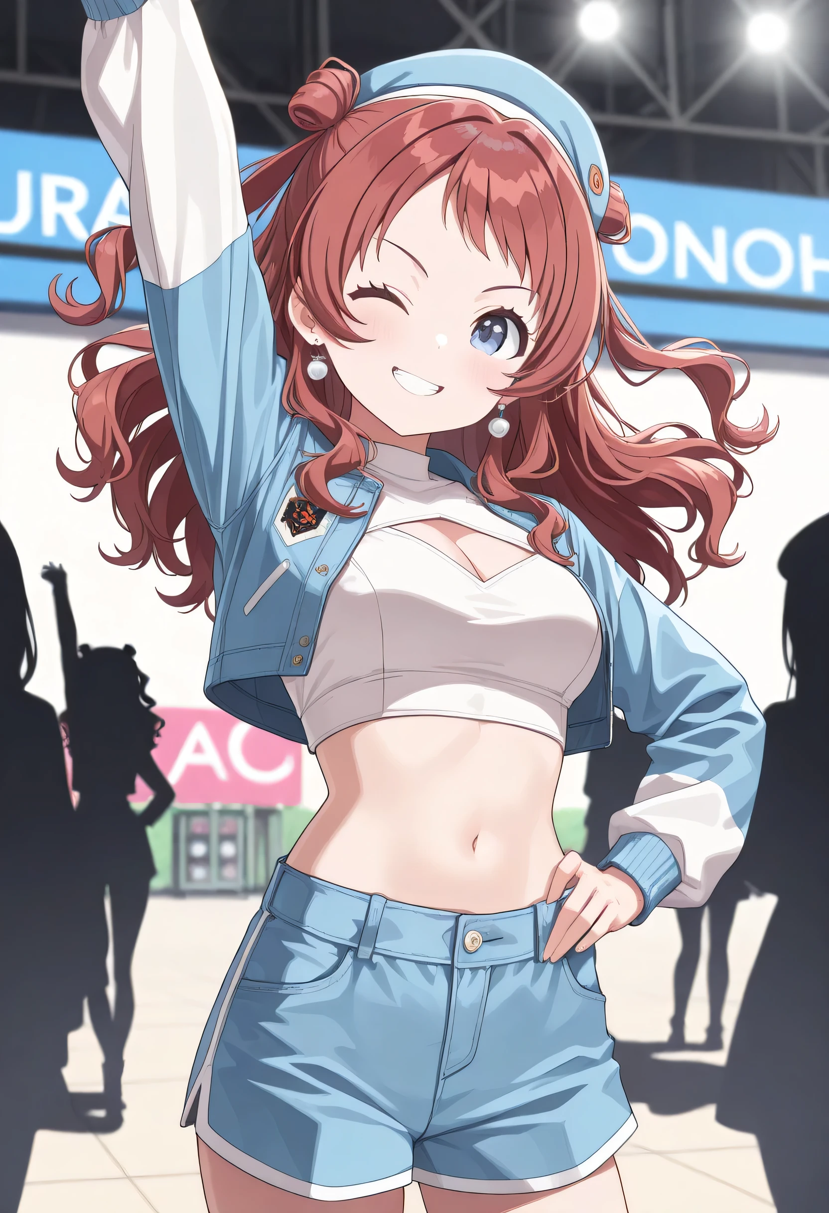 (masterpiece),(best quality),(ultra-detailed),(best illustration),(best shadow),(absurdres),(detailed background),(very aesthetic),saki, 1girl, hanami saki, double bun, hair bun, red hair, blue eyes, long hair,aaa,1girl, long hair, breasts, looking at viewer, smile, blue eyes, long sleeves, hat, navel, jewelry, purple eyes, white shirt, cowboy shot, earrings, red hair, open clothes, one eye closed, solo focus, midriff, grin, open jacket, arm up, crop top, hand on own hip, clothing cutout, blurry background, beret, cleavage cutout, blue jacket, blue headwear, cropped jacket, blue shorts