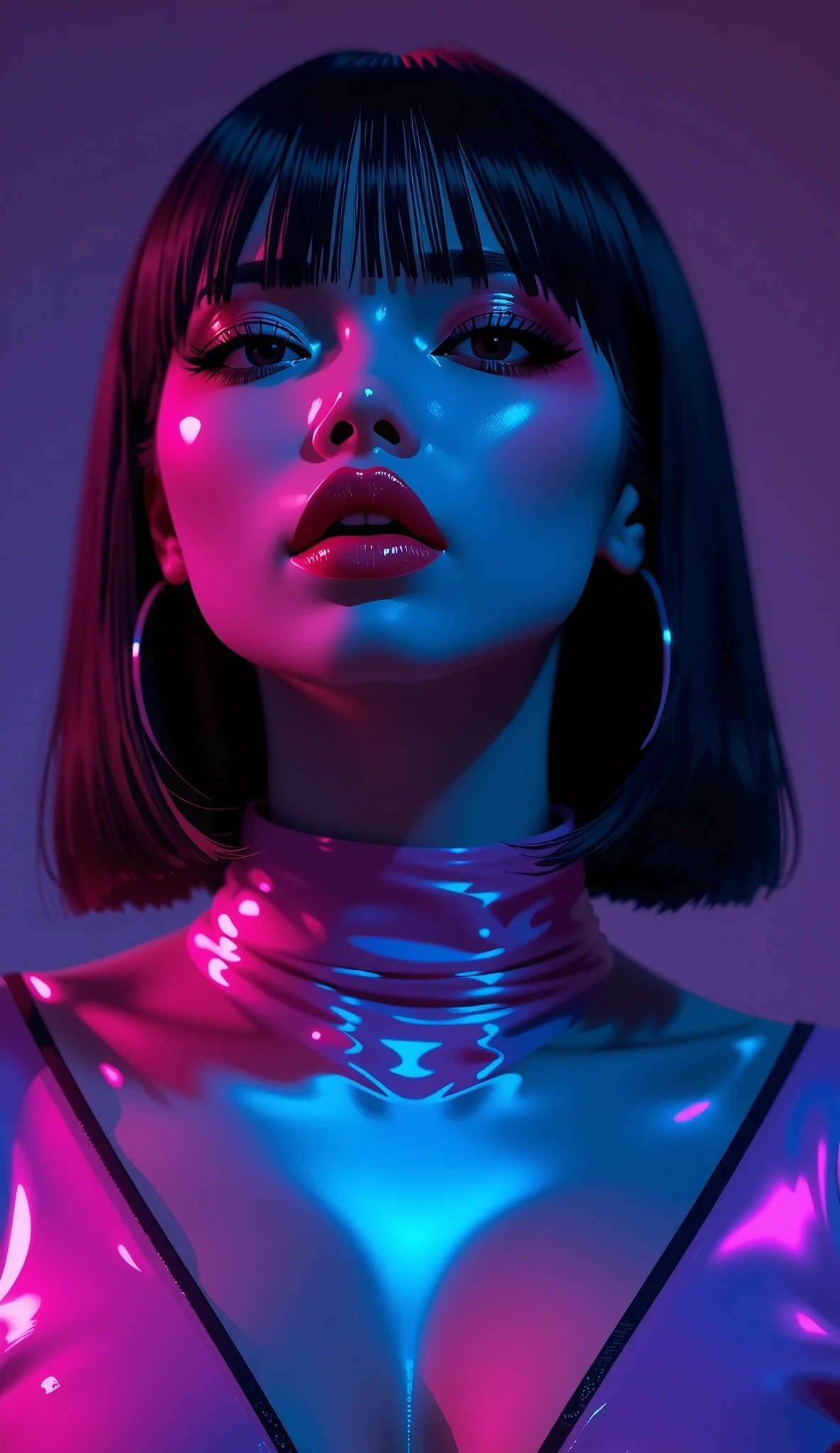 80’s glam rock makeup on shiny android face, anime, moody lighting, (purples, pinks, and blues), iridescent face, abstract ai model, pretty, sexy, minimal, sleek, slender, asian, elegant, chic, futuristic, retro, sophisticated half human half machine, close up face portrait, cleavage,