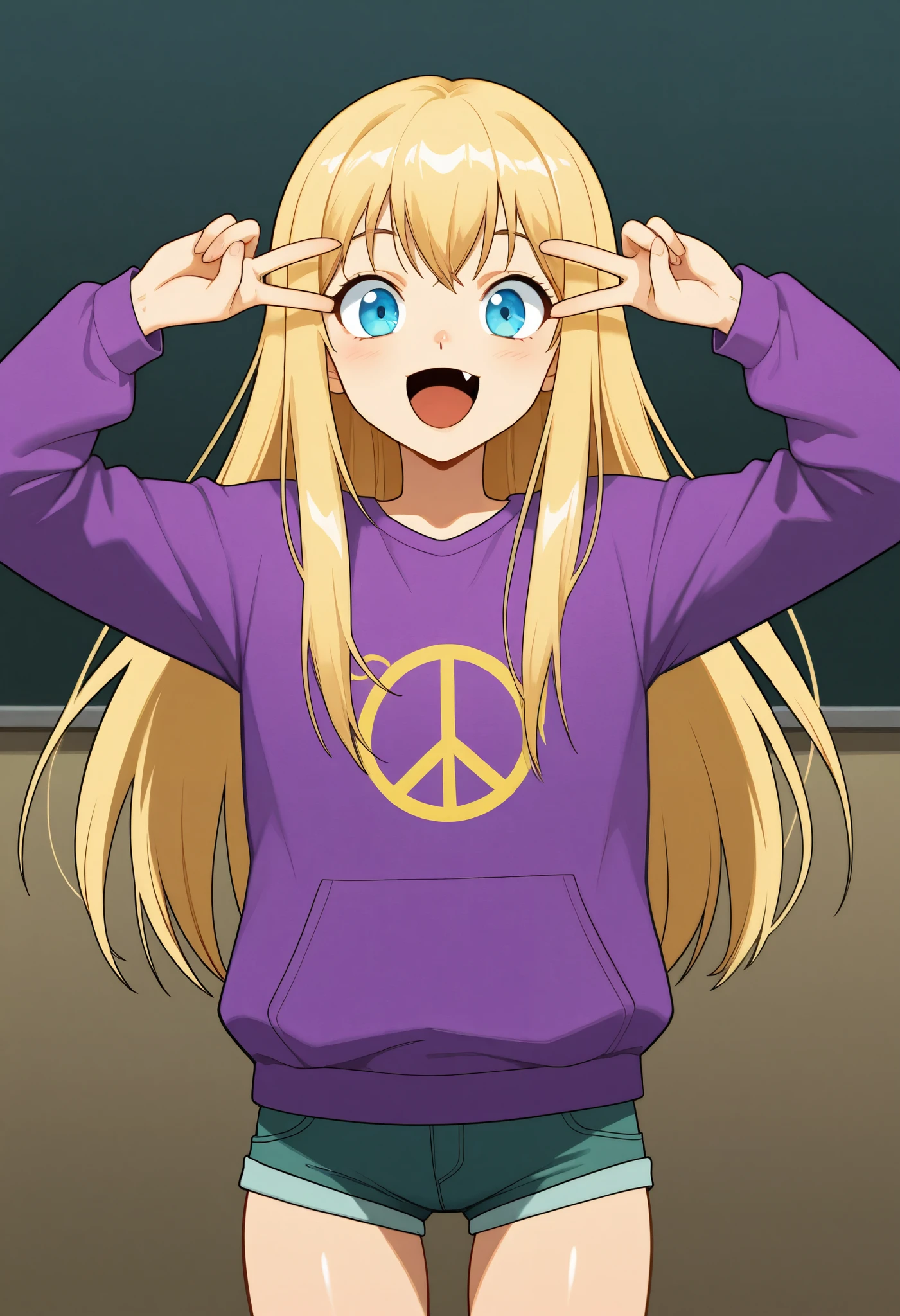 score_9, score_8_up, score_7_up, score_6_up, source anime, sasha, long hair, parted in the middle, blue eyes, solo, Peace sign, double V with hands, fang, open mouth, happy, looks at viewer, amry, purple sweatshirt, short shorts, estética de Opossumachine