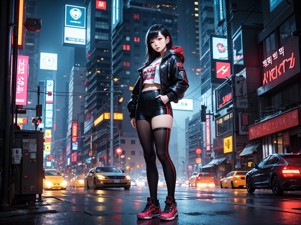 anime girl in short shorts and jacket standing next to giant robot, artwork in the style of guweiz, cyberpunk anime girl mech, trending on cgstation, guweiz, by Russell Dongjun Lu, digital cyberpunk anime art, ross tran 8 k, guweiz on artstation pixiv, girl in mecha cyber armor