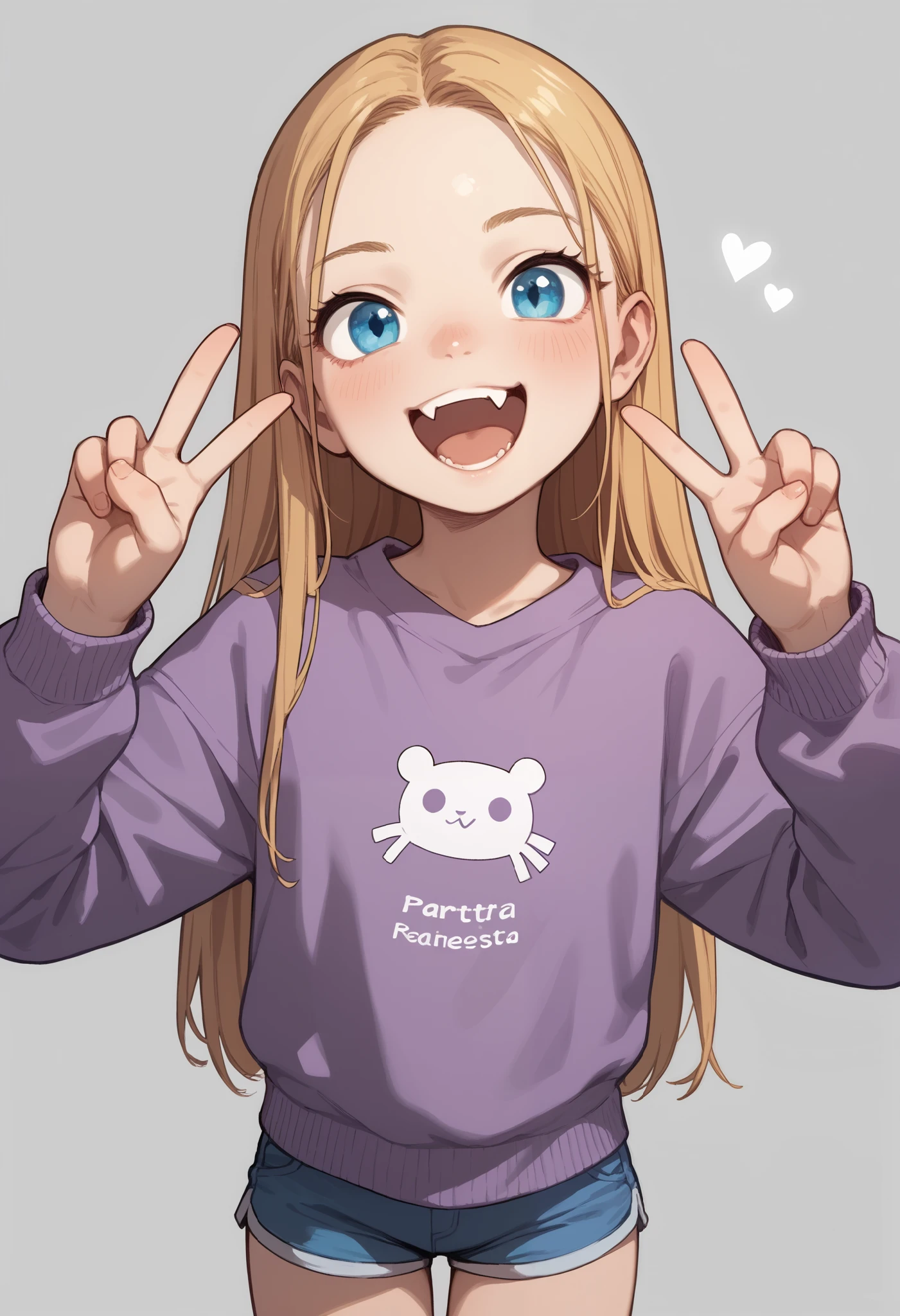 score_9, score_8_up, score_7_up, score_6_up, source anime, sasha, long hair, parted in the middle, blue eyes, solo, Peace sign, double V with hands, fang, open mouth, happy, looks at viewer, amry, purple sweatshirt, short shorts, estética de Opossumachine