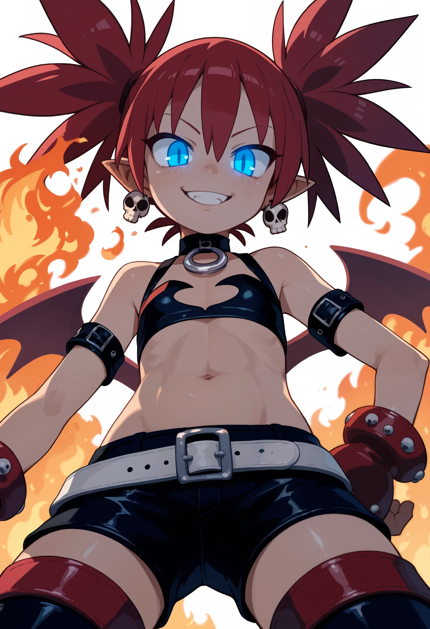 score_9, score_8_up , score_7_up , score_6_up , source anime, sasha, long hair, parted in the middle, blue eyes, Alone, basic mini, skull earrings , choker ring , Etna (disgaea), from below, evil to smile, danger, shine, fire, glowing eyes , taken, to smile, looking at the spectator, Aesthetics of Oposmachine