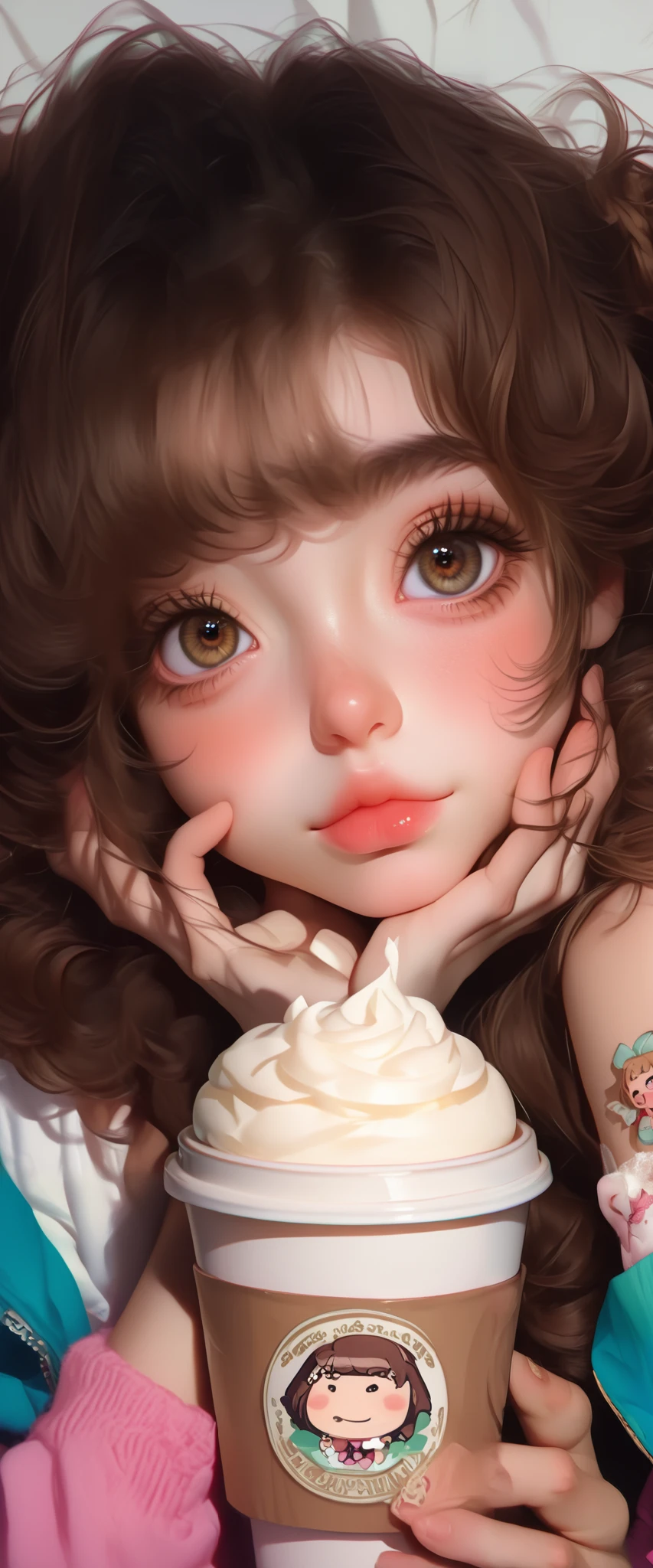 There is a girl holding a cup of coffee in her hand, pretty girl-fine face, beautiful natural anime face, with a cute face - fine -, sakimi-chan, chiho, Yoshitomo Nara, young cute face, beautiful Japanese girls young face , brown hair and big eyes , linda girl cute, big and beautiful eyes of light