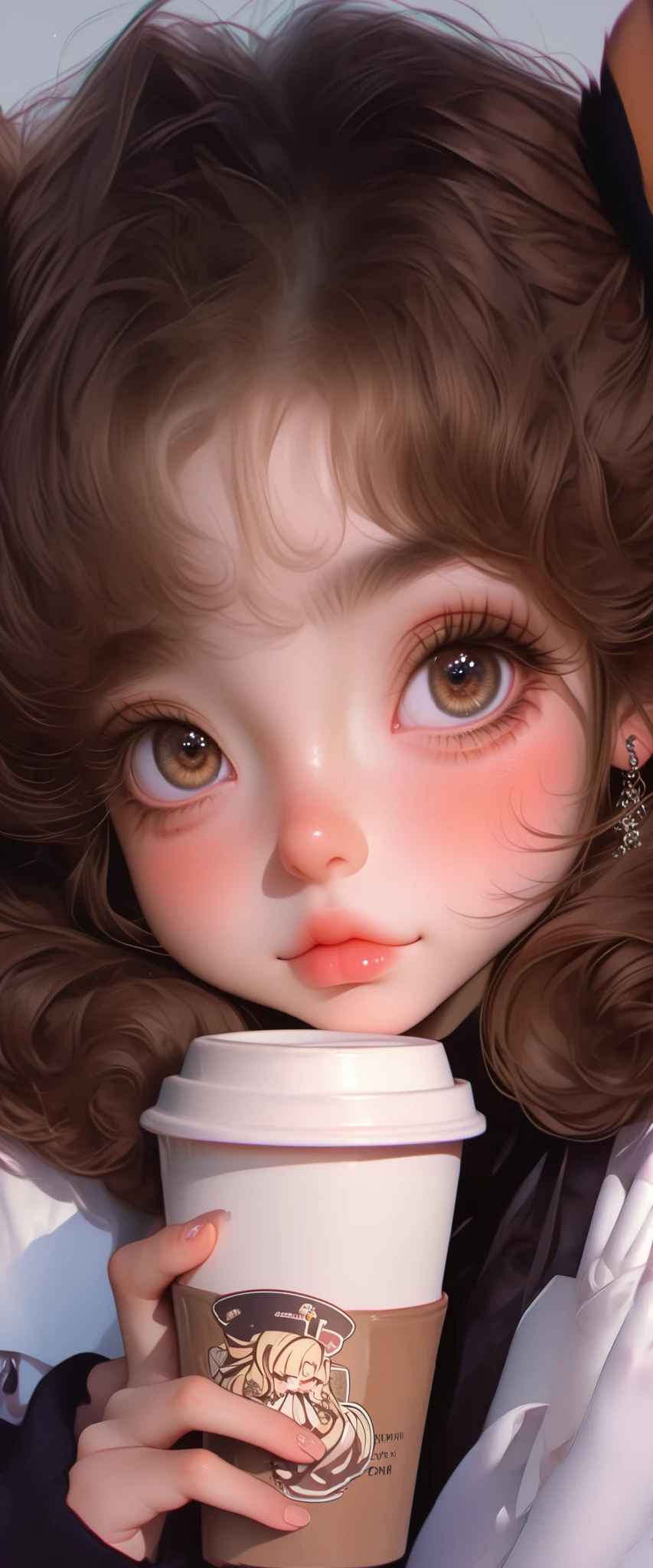 There is a girl holding a cup of coffee in her hand, pretty girl-fine face, beautiful natural anime face, with a cute face - fine -, sakimi-chan, chiho, Yoshitomo Nara, young cute face, beautiful Japanese girls young face , brown hair and big eyes , linda girl cute, big and beautiful eyes of light