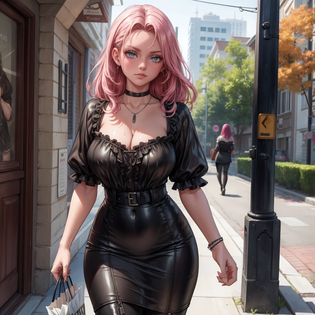 Masterpiece, beautiful art, 8k, art style by sciamano240, very detailed face, detailed hair, detailed clothes, detailed fabric, 1girl, beautiful face, long hair, pink hair , model head shot, facing camera, very detailed green eyes, sultry smile, wearing classy fall clothes, black dior thigh boots, black pencil skirt, walking , out shopping, necklace, chocker, rosey cheeks, sunny fall setting, full body view, photorealistic, indirect lighting, volumetric light, ray tracing, hyper-detailed, best quality, ultra-high resolution, HDR, (8k, Best Quality, Masterpiece:1.2), Ultra Detail, RAW Photo, Super Resolution, Professional Photo, Extremely Detailed and Beautiful, lot of drool, sweat, belly inflation