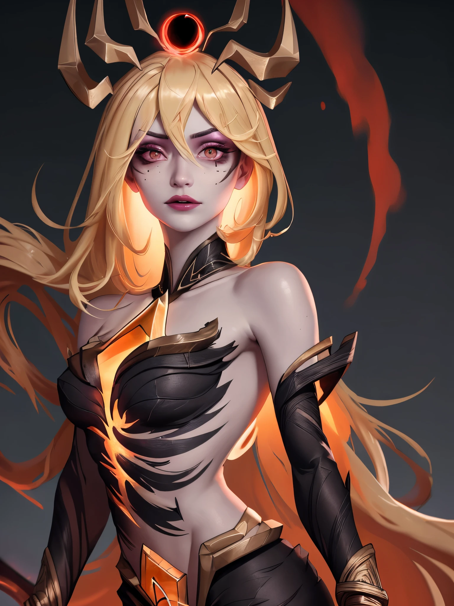 Dark_Cosmic_Lux, (best quality), 1girl, female, porcelain skin, blonde hair, straight hair, medium hair, swoopy tips, brown eyes, perfect eyes, skinny body, petite, small bust, dark circles under eyes, masterpiece, anatomically correct, highres
