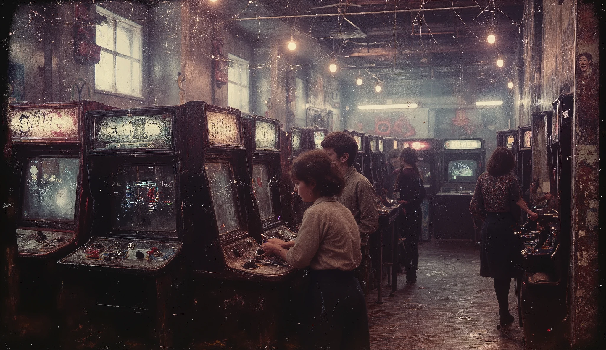 (best quality, 128k,highres,masterpiece:1.2),ultra-detailed,(realistic,photorealistic,photo-realistic:1.37), ((masterpiece)) ((photography)) ((Highest quality)) A vibrant 80s arcade scene, filled with young ren playing classic arcade games. The room is lit by neon lights and filled with rows of colorful machines, flashing with vibrant pixelated graphics. The s, wearing retro clothing like graphic tees, high-waisted jeans, and scrunchies, are engrossed in games like Pac-Man and Space Invaders. The sound of beeping machines and electronic music fills the air. The atmosphere is energetic and nostalgic, capturing the essence of youthful excitement in a vintage arcade of the 1980s.