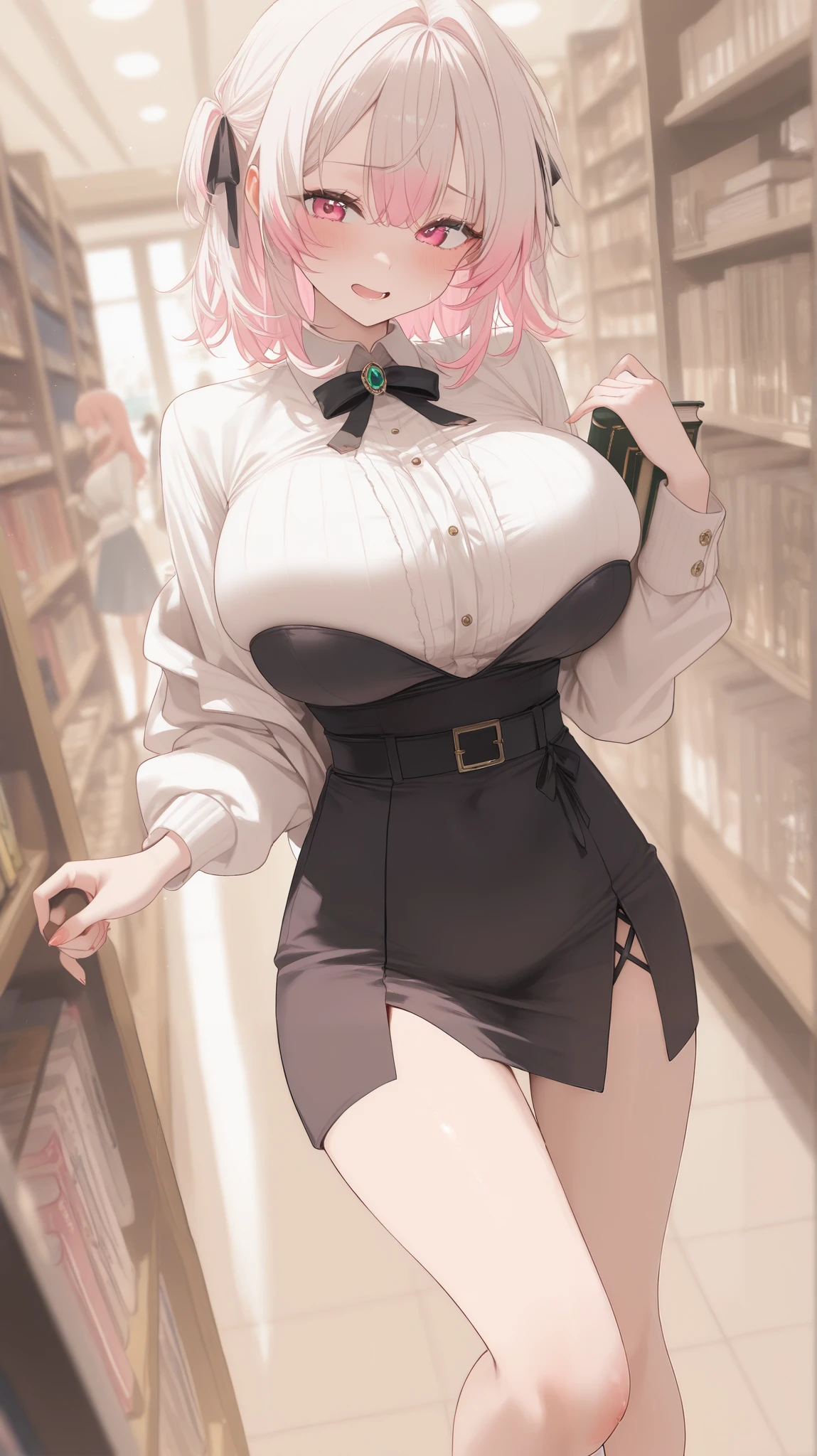 Really big breast . Tiny girl .light colored hair .wearing a sexy outfit in a book store