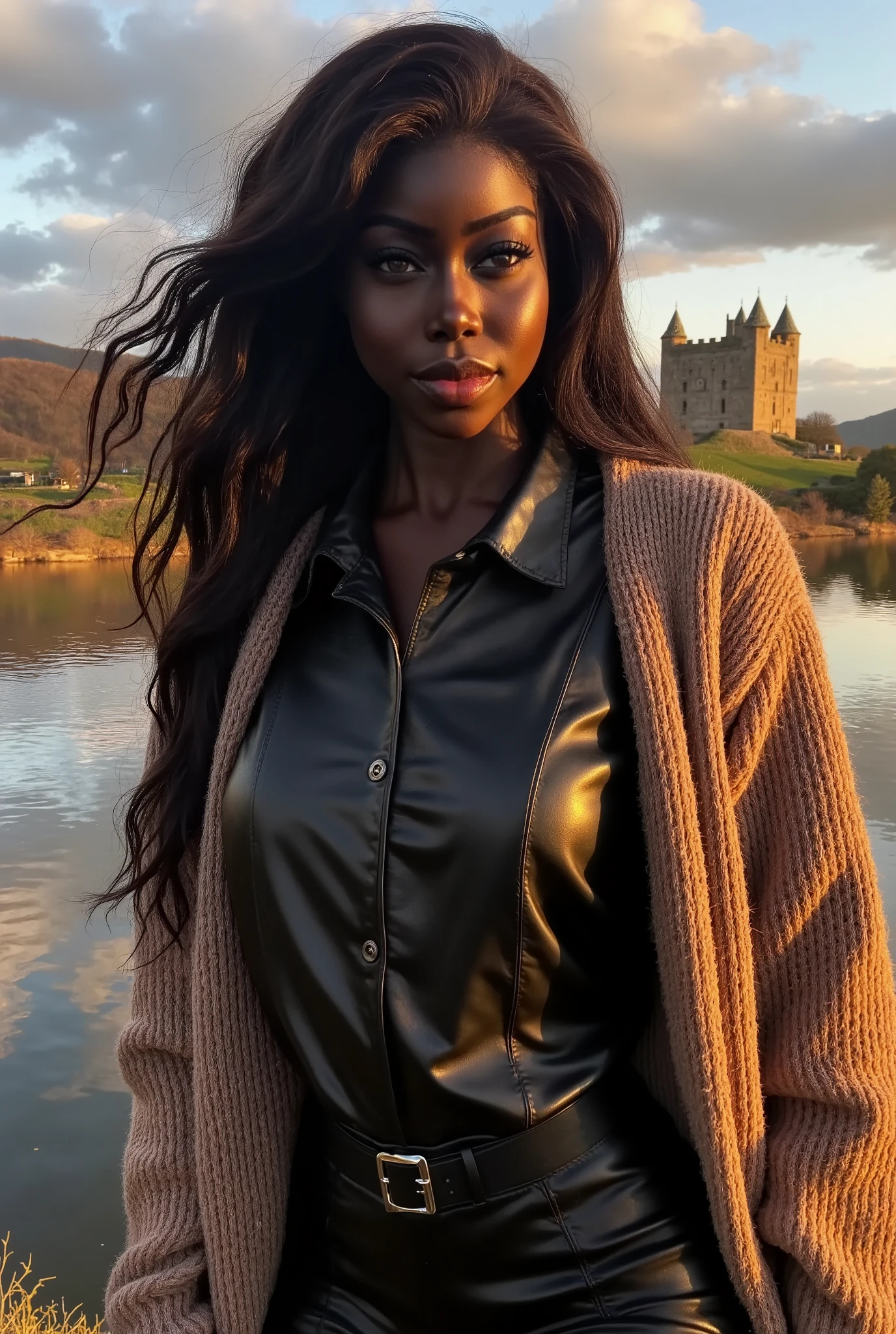 a gorgeous african woman, wavy hair in the wind. she's a men magazine model, She has a subtle smile and flirts with the camera, (she wears leather shirt with a long wool sweater and pvc leggings:1.2),background landscape of Scotland Loch and Scottish castle ruins, (in sunset light:1.2),
