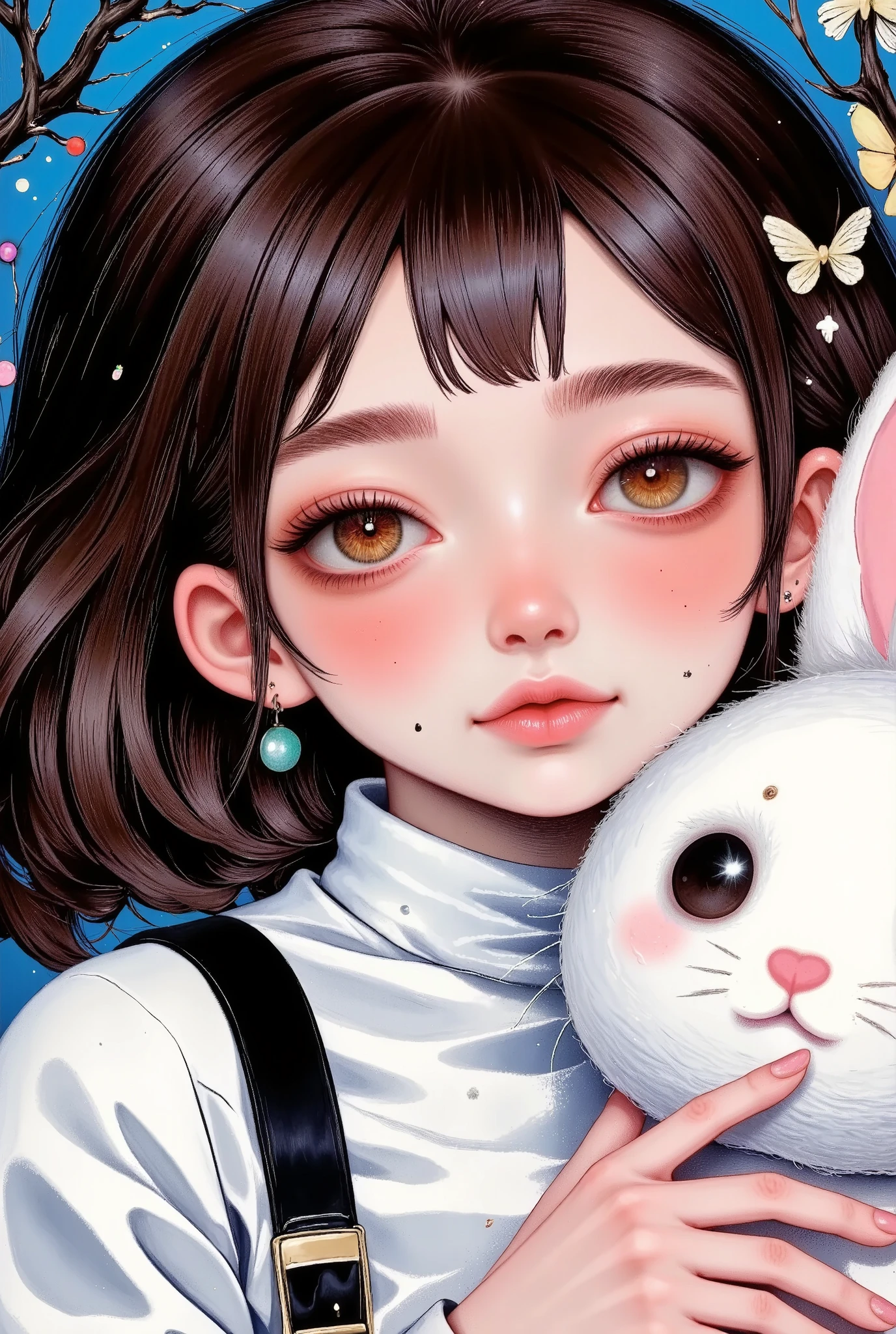 There is a girl holding a plush rabbit in her hand, pretty girl-fine face, beautiful natural anime face, with a cute face - fine -, sakimi-chan, chiho, Yoshitomo Nara, young cute face, beautiful Japanese girls young face , brown hair and big eyes , linda girl cute, big and beautiful eyes of light