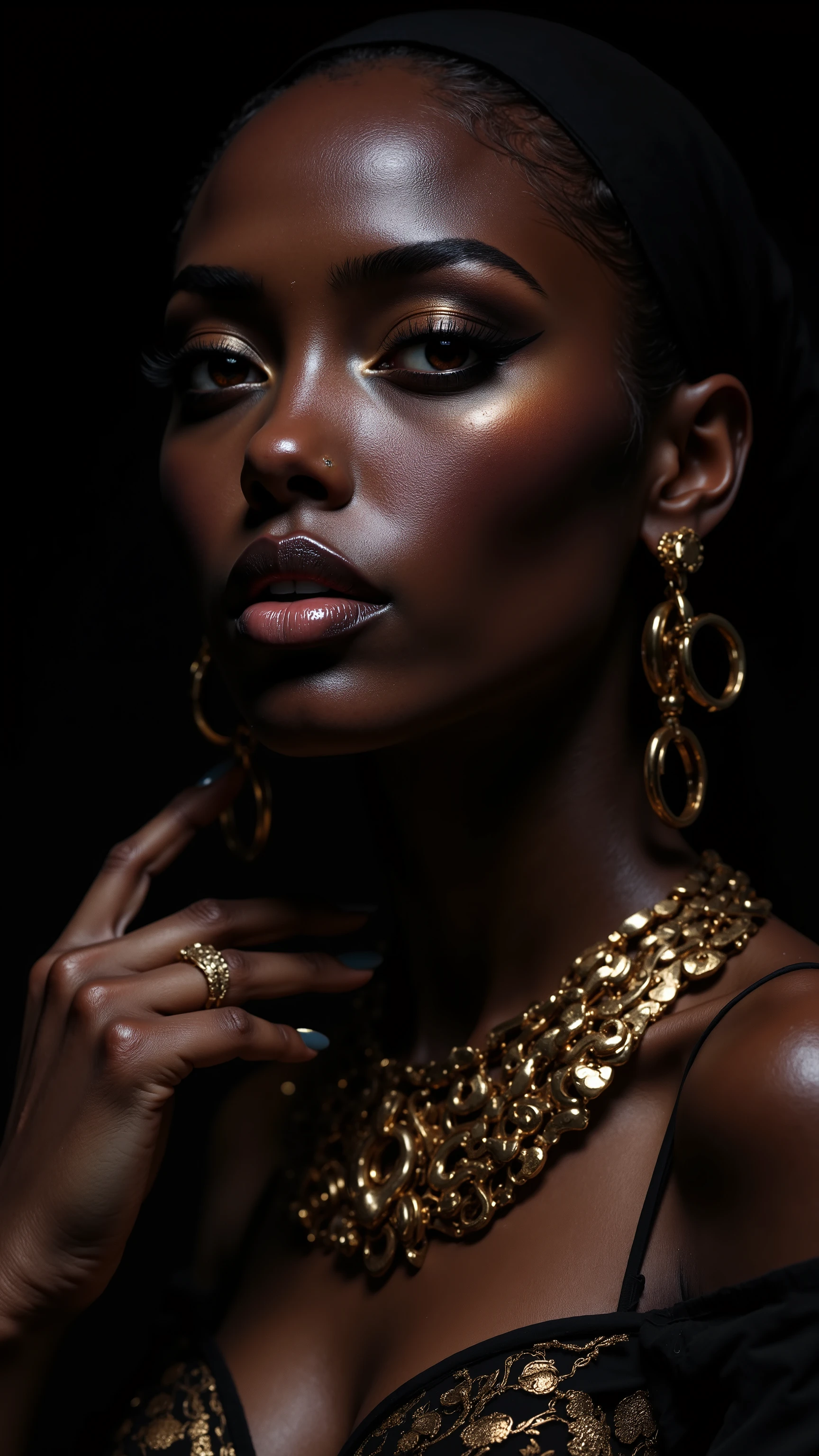Close-up,  face, upper body, dark background, dark skin, metallic sheen, gold, bronze, highlights, serious, pensive, dark eyes, lips, gold jewelry, large earrings, ornate collar necklace, gold links, coils, hand, cheek, jawline, dark headwrap, simple fabric.
