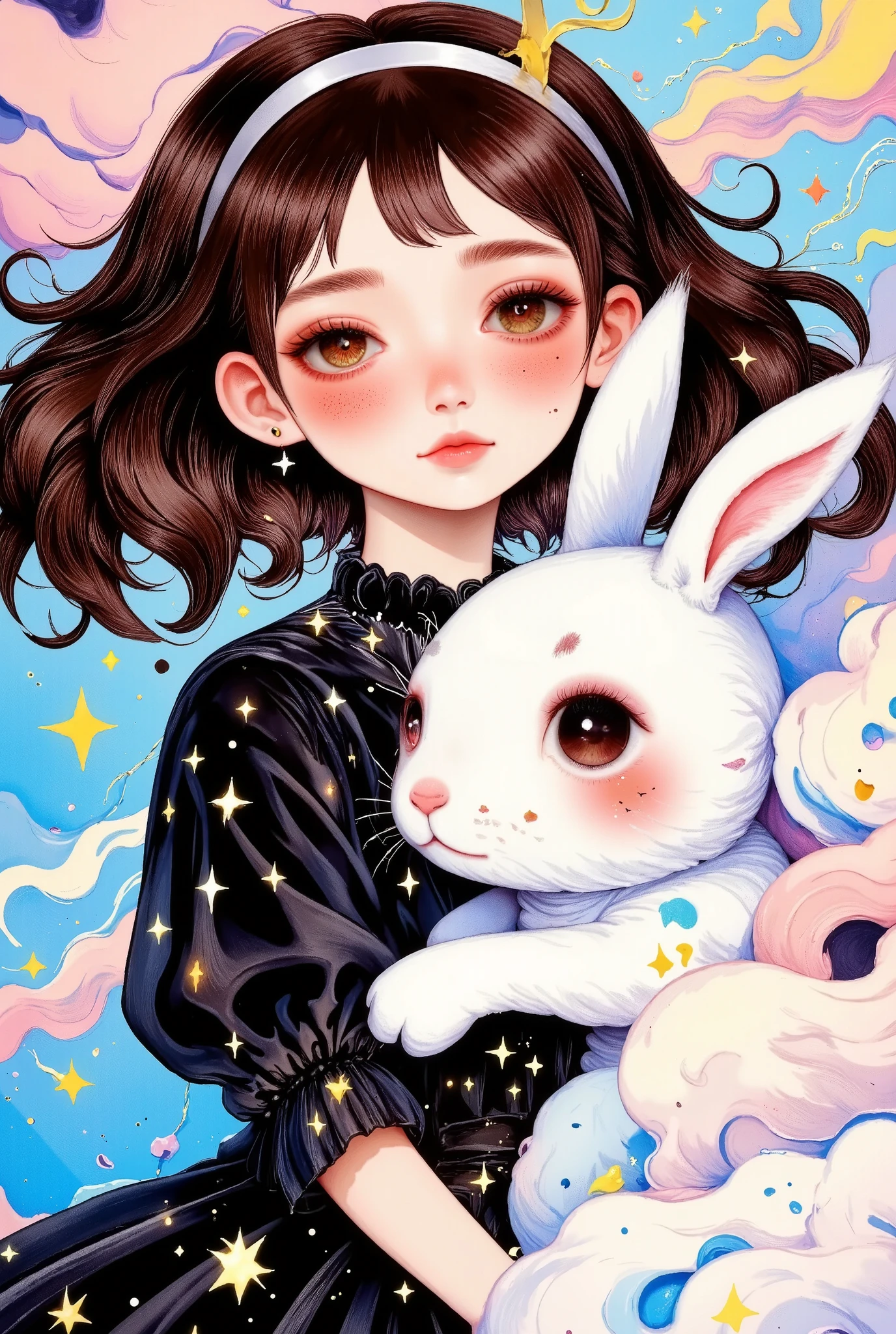 centered image, There is a girl holding a plush rabbit in her hand, pretty girl-fine face, beautiful natural anime face, with a cute face - fine -, sakimi-chan, chiho, Yoshitomo Nara, young cute face, beautiful Japanese girls young face , brown hair and big eyes , linda girl cute, big and beautiful eyes of light