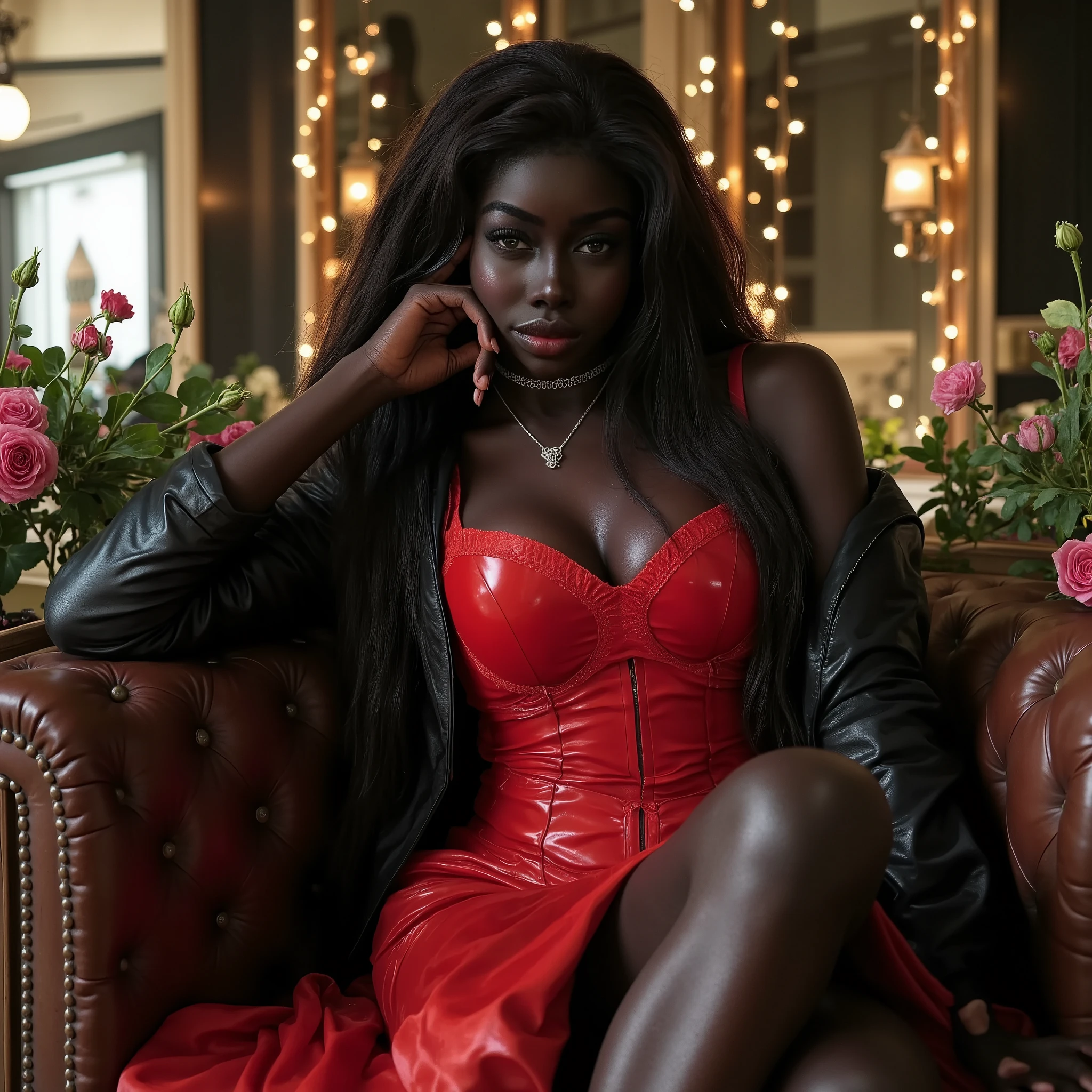 Foto hiperrealista en primer plano de Nyla Lueeth, masterpiece, best quality, (photorealistic:1.4), full body, (crimson red luxury long latex gown and crop black leather bolero:1.15), cinematic light, dark hair, seductive look. flirting with the viewer, perfect body, choker, low hanging necklace, detailed face, in a old abandoned factory, amber twinkle lights in background, romantic lighting, (surrounded by flowers:1,15), natural lighting, lounging in a vintage leather chair, leg crossed