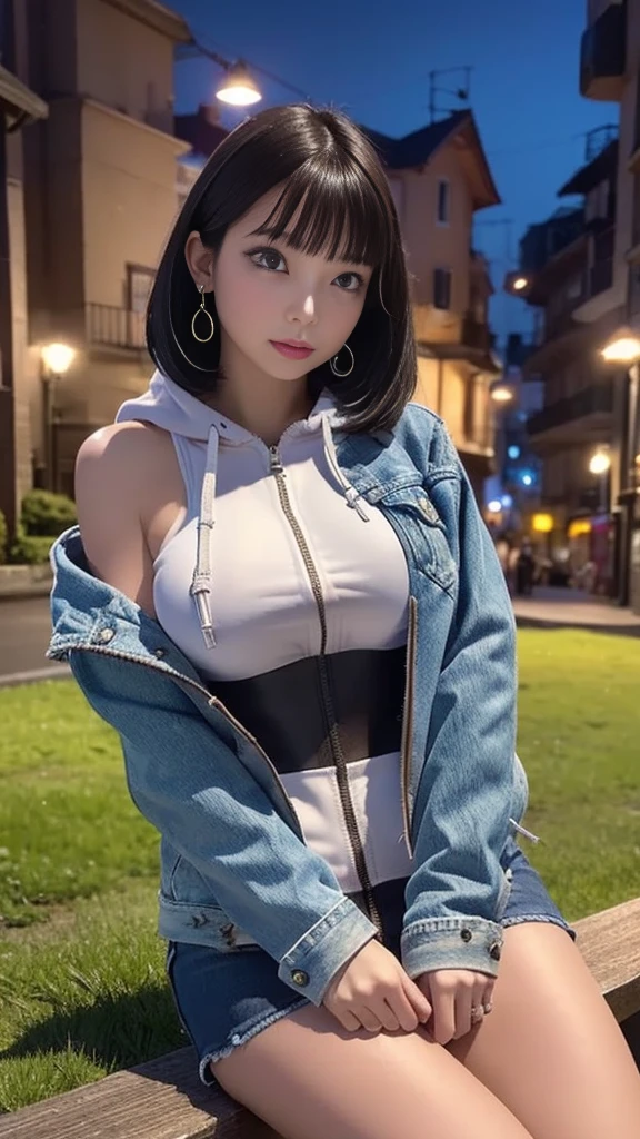 Busty woman, white micro tank top, shorts, (one girl), huge fake , sexy body, front bangs short hair, (strolling, outdoor scenery), (wide cleavage), 8K resolution, 8K detailed photo, thin brows, head to thighs, standing, pose for a photo, reference sheet, day, ((abdomen peek)), sensual, cowboy shot, unzipped jacket