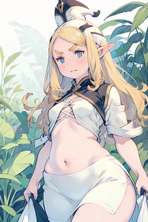 Libido boy, cropped shoulders, Blonde hair, Blush, Open mouth, Blue eyes, Pointy ears, Simple background, The upper part of the body, White background,