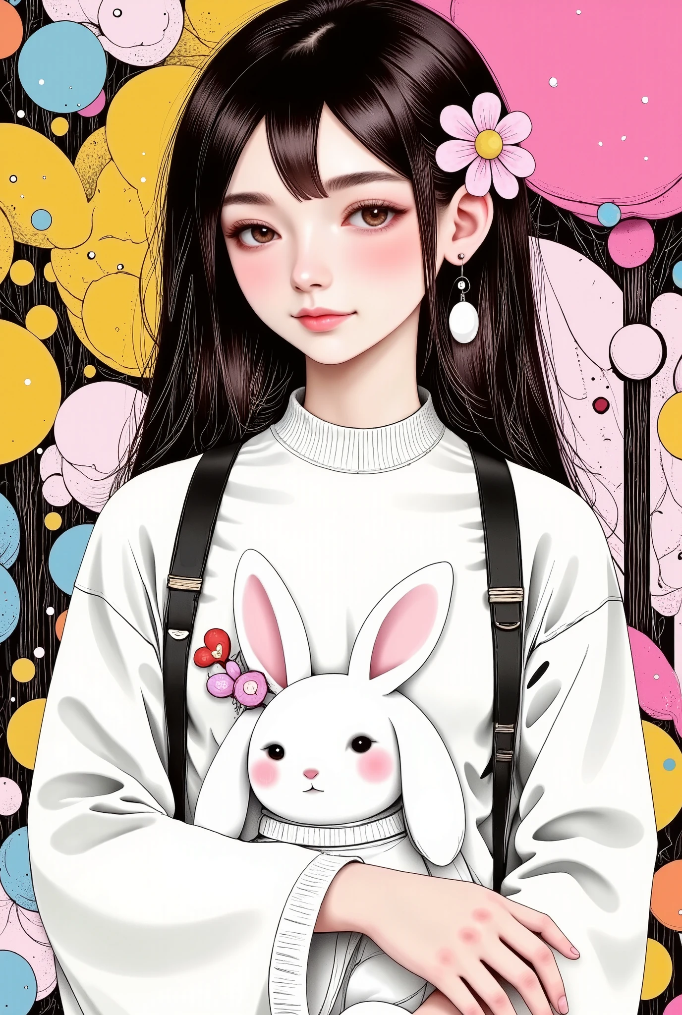 centered image, There is a girl holding a plush rabbit in her hand, pretty girl-fine face, beautiful natural anime face, with a cute face - fine -, sakimi-chan, chiho, Yoshitomo Nara, young cute face, beautiful Japanese girls young face , brown hair and big eyes , linda girl cute:1.5, big and beautiful eyes of light