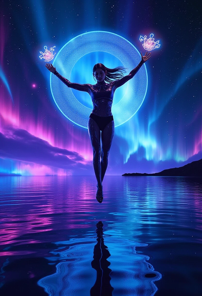 Silhouette photography，Master made，Highest image quality，finedetail，Artistic aesthetics，Backlit photography，siluette，（aqua background），（Blue highlight illumination on the background），Dancing beautiful girl，Wearing a naked，（Beautiful body curves，Breast augmentation buttocks，Slim posture，Hot body，Dance to your heart's content），The calm waters of the lake are at your feet，Picoripples，8 k hd wallpaper，Consistent with human anatomy，Follow aesthetic principles。Flat perspective effect。A high resolution，Beautiful picture。