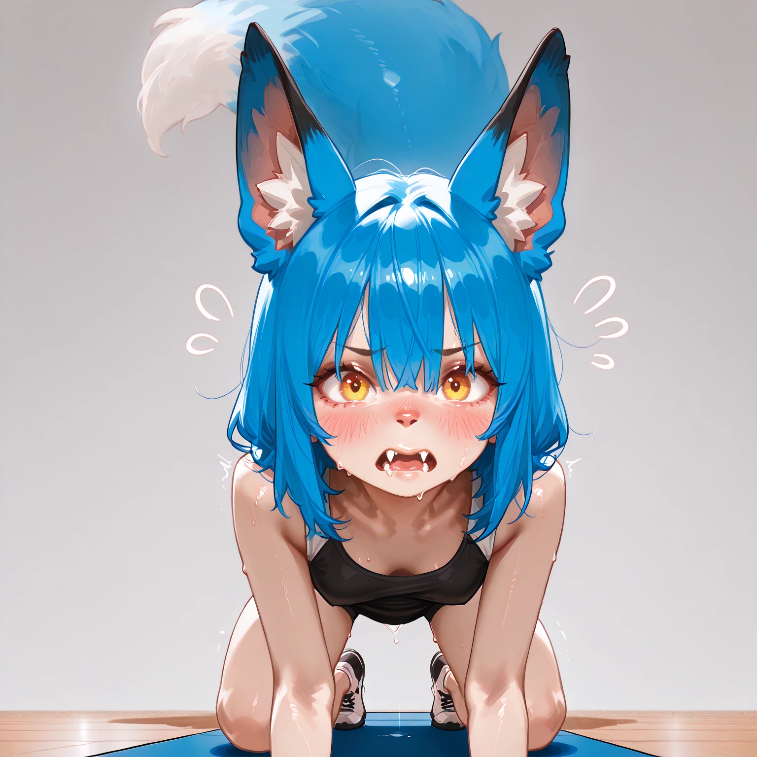 Wolf humping cat girl, wolf intensely humping, mounting, cat girl in wet white shirt, no bra, torn underwear, shocked embarrassed expression blushing immensely, saliva, clear sticky liquid, on all fours, arched back, yelling, rough, large furry wolf, very large wolf on top of girl,