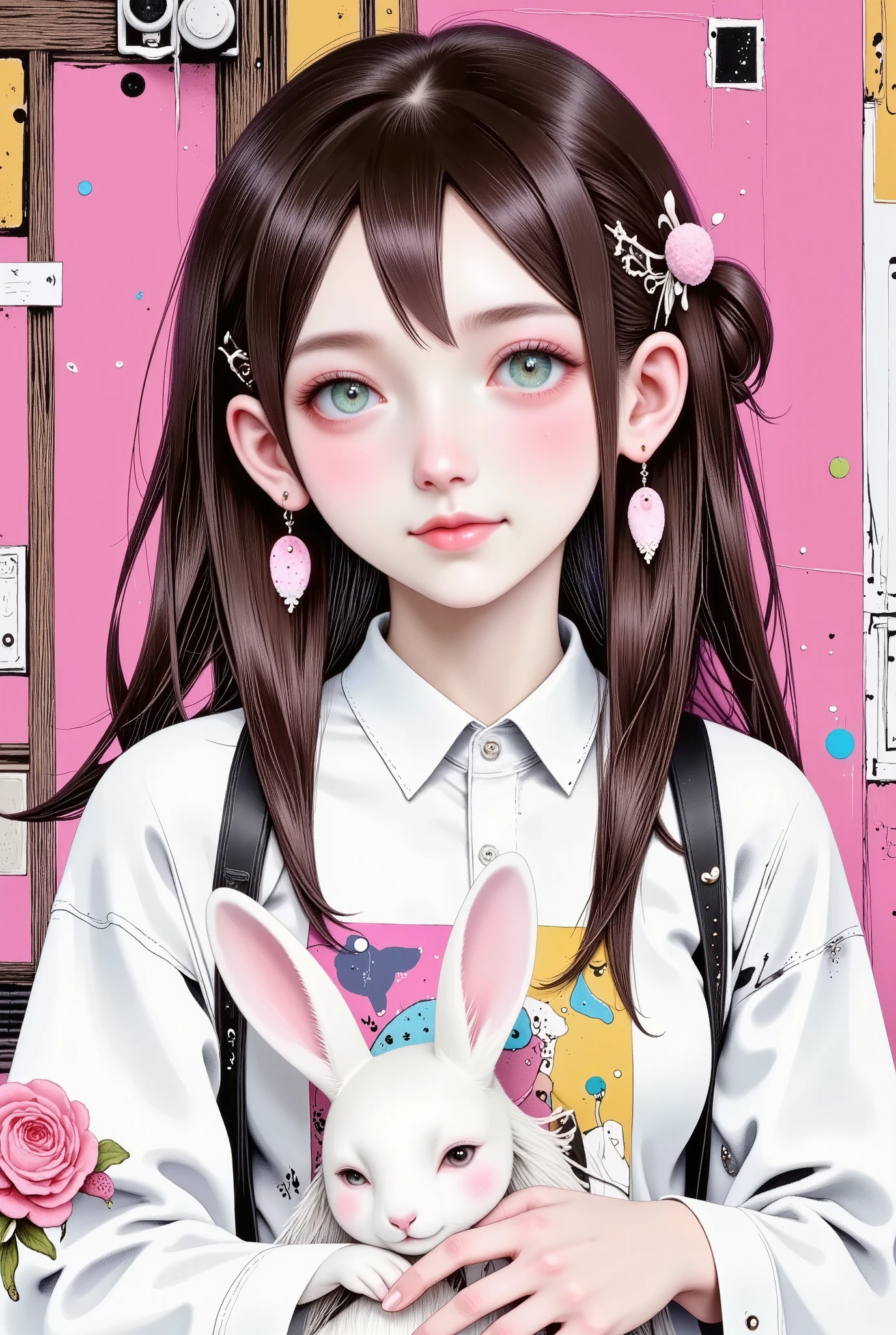 centered image, There is a girl holding a plush rabbit in her hand, pretty girl-fine face, beautiful natural anime face, with a cute face - fine -, sakimi-chan, chiho, Yoshitomo Nara, young cute face, beautiful Japanese girls young face ,  brown hair and big eyes , linda girl cute:1.5, big and beautiful eyes of light ,  old pink background 