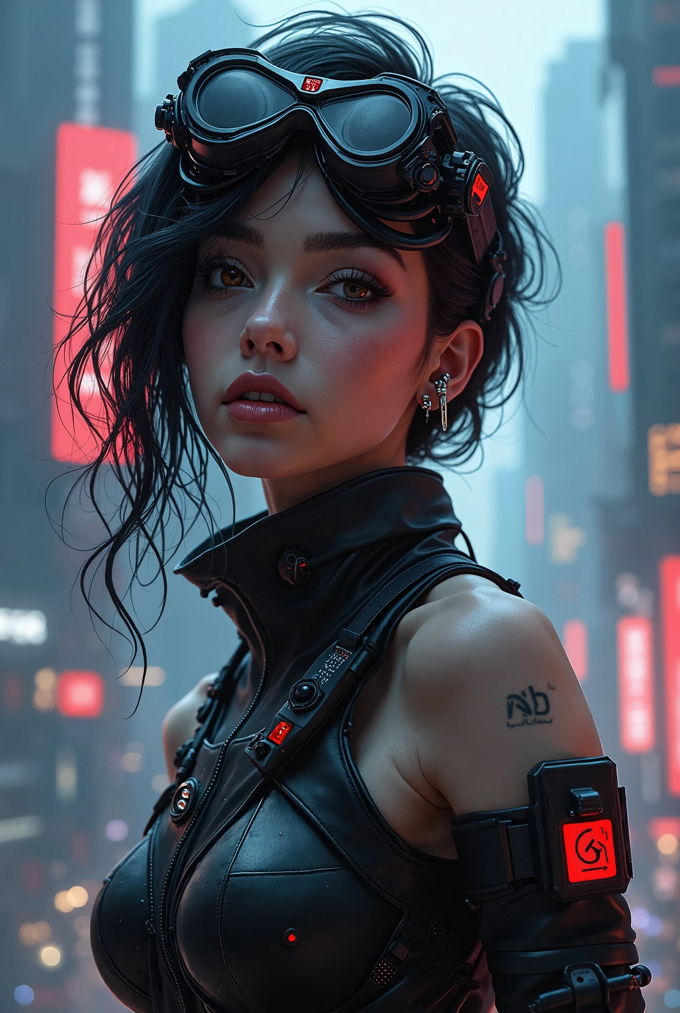 hiperrealistic art style cyberpunk woman looking toward camera in a dystopian dark backalley with some néon lights in the background