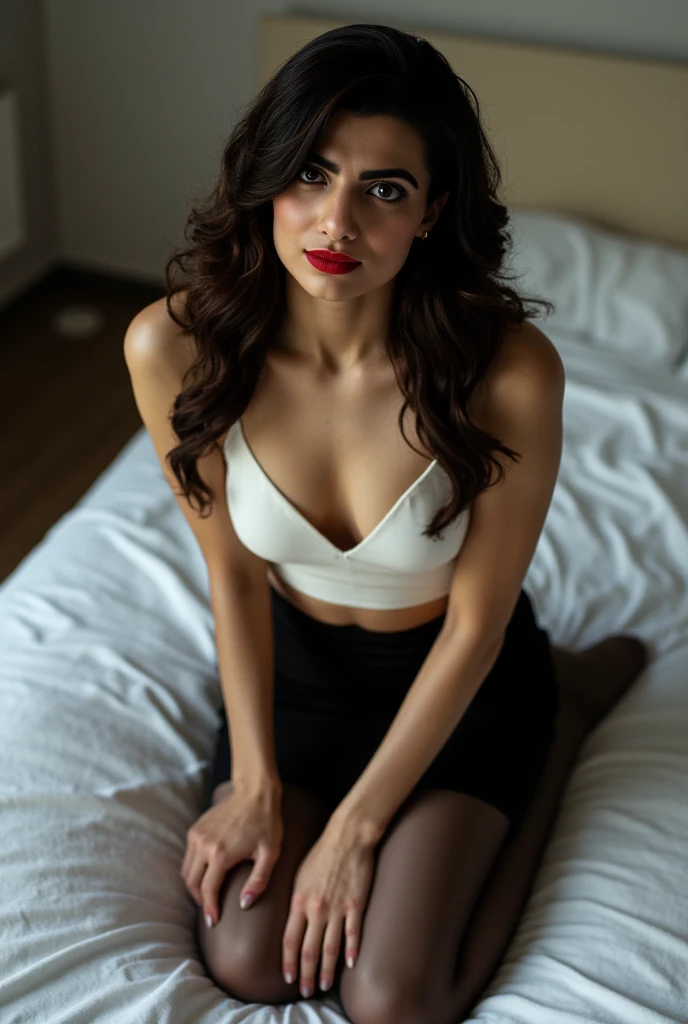 tem uma linda brasileira, in a black jacket and white lacy bra, posando em uma sala, trocando de roupa, she is posing, she is facing the camera, posing in bra, na casa dos 30 anos. foto de corpo inteiro! !. Uma mulher com pele branca e cabelos escuros. Ela tem trinta anos. Seu vermelho, slightly plump lips are like a delicate flower, e ela grande, olhos encantadores parecem conter um mundo de maravilhas. Ela tem 30 anos. Ela tem 162 cm de altura e seu corpo pesa 56 kg. Your body exudes glamor and your face is the definition of beauty. pernas bem torneadas. Altamente realista, pele avermelhada, beautiful lips, sorriso, feeling of lightness and joy, hiperrealismo, pele muito elaborada, olhar direto, trabalho de arte, Foto de alta qualidade, high resolution, 8k.