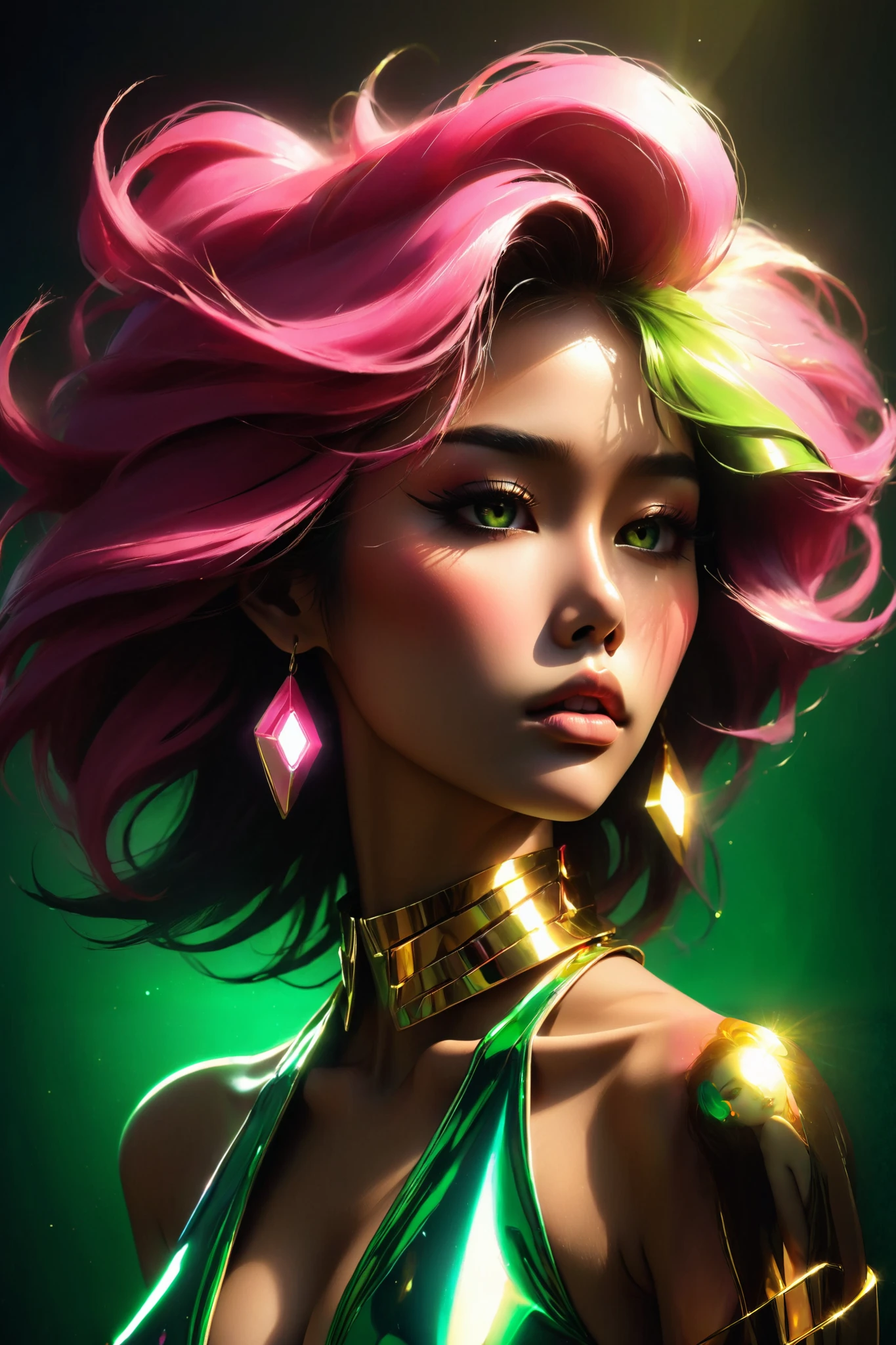 80’s glam rock makeup on shiny face, asian girl, anime, 2.5D, moody lighting, (green, pink, gold), pretty, sexy, minimal, sleek, slender, asian, elegant, futuristic, retro, sophisticated half human half machine, mouth open wide, Kizi,(eyes looking off to side), Highly detailed, Amazing work,Vitreous luster, blues, yellows, Best quality at best,shiny skin, no background, colorful background, green background, pink background, gold, background, plunging neckline, sexy pose, dynamic pose, heavy blushing, huge breasts,