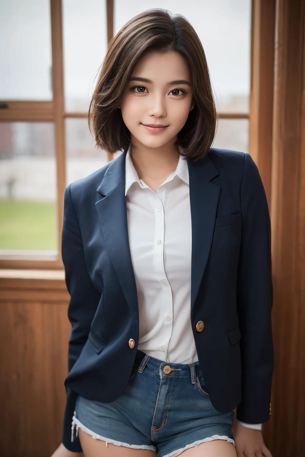 highest quality, face focus, soft light, (Depth of bounds written) ,ultra high resolution, (realistic:1.4), RAW photo,
(upper thigh:1.4) , (jump:1.8)、(from below)、1 japanese girl, alone, cute, (shy, smile:1.1), (brown eyes), detailed beautiful face, (short hair ), high school classroom, (school uniform:1.4,navy skirt,Navy Blazer)