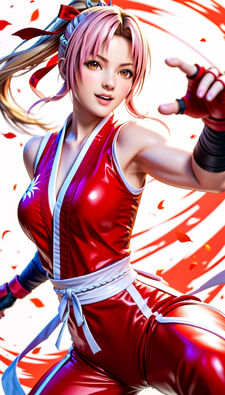 Arafe woman Mai Shiranui solo with ponytail hair、Fighting Game Fighter、Fitness Model、Big breasts about to burst、No exposed skin、thin and long legs,、Fitness Body Shape、Pose ready to fight、battle look, close up