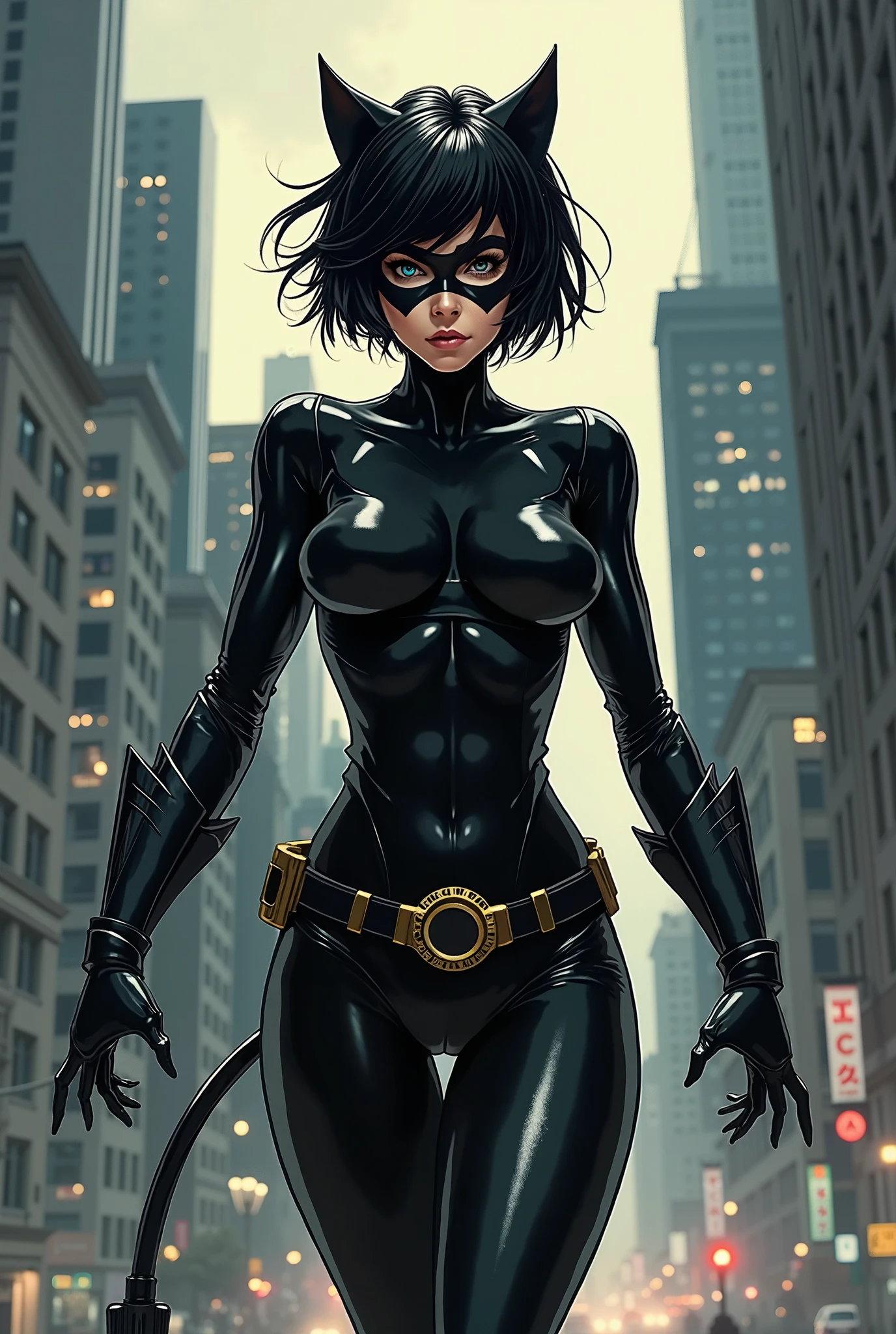 (masterpiece, highest quality, best quality, official art, beautiful and aesthetic: 1.2), (1girl), extremely detailed, (fractal art: 1.3), highest detailed, lower boddy focus, lower body, HDR, ), vivid visual effects, (dynamic stripes, luminous traces: 1.2), girl, , nude, hip focus, sexy, narrow hips, Thin figure, completely naked, abs, slender, ppussy, pusy focus. Face out of shot, Detailed face, Detailed eyes, perfect face, perfect eyes, seras, wearing Catwoman costume, black helmet, black domino mask, exposed thighs