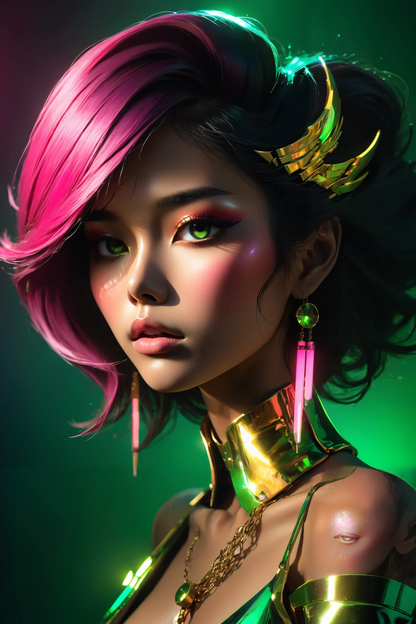 80’s glam rock makeup on shiny face, asian girl, anime, 2.5D, moody lighting, (green, pink, gold), pretty, sexy, minimal, sleek, slender, asian, elegant, futuristic, retro, sophisticated half human half machine, mouth open wide, Kizi,(eyes looking off to side), Highly detailed, Amazing work,Vitreous luster, blues, yellows, Best quality at best,shiny skin, no background, colorful background, green background, pink background, gold, background, plunging neckline, sexy pose, dynamic pose, heavy blushing, huge breasts,