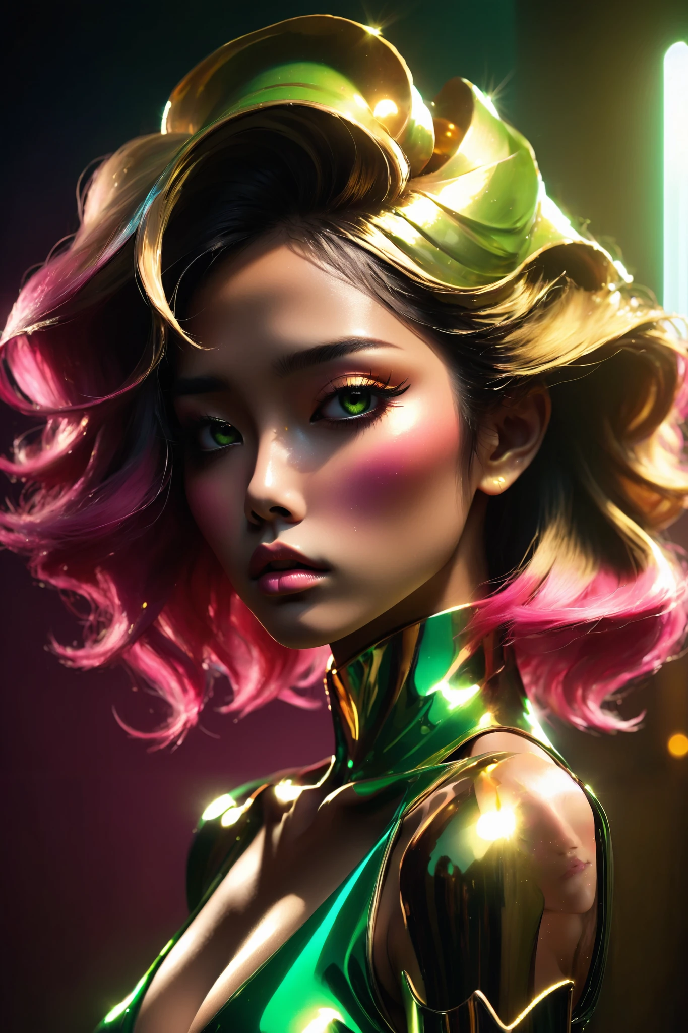 80’s glam rock makeup on shiny face, asian girl, anime, 2.5D, moody lighting, (green, pink, gold), pretty, sexy, minimal, sleek, slender, asian, elegant, futuristic, retro, sophisticated half human half machine, mouth open wide, Kizi，(eyes looking off to side), Highly detailed, Amazing work，Vitreous luster, blues, yellows, Best quality at best，shiny skin, no background, colorful background, green background, pink background, gold, background, plunging neckline, sexy pose, dynamic pose, heavy blushing, huge breasts, 