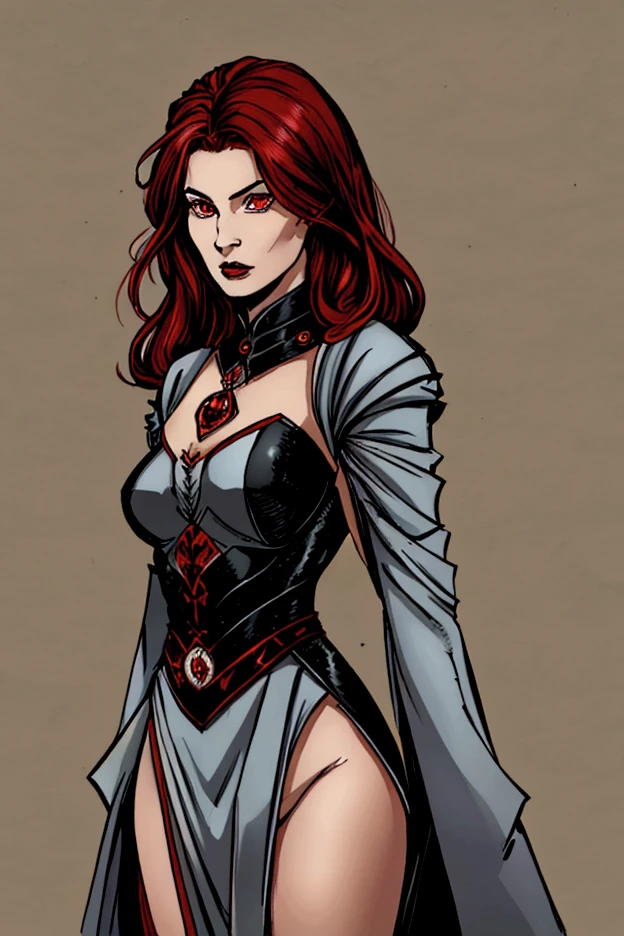 Vampire girl with Pale  skin and red colored clothing, wearing a dress with armor, Calm personality possesses dark red hair big eyes, sharp teeth, and beautiful heels, character concept, concept