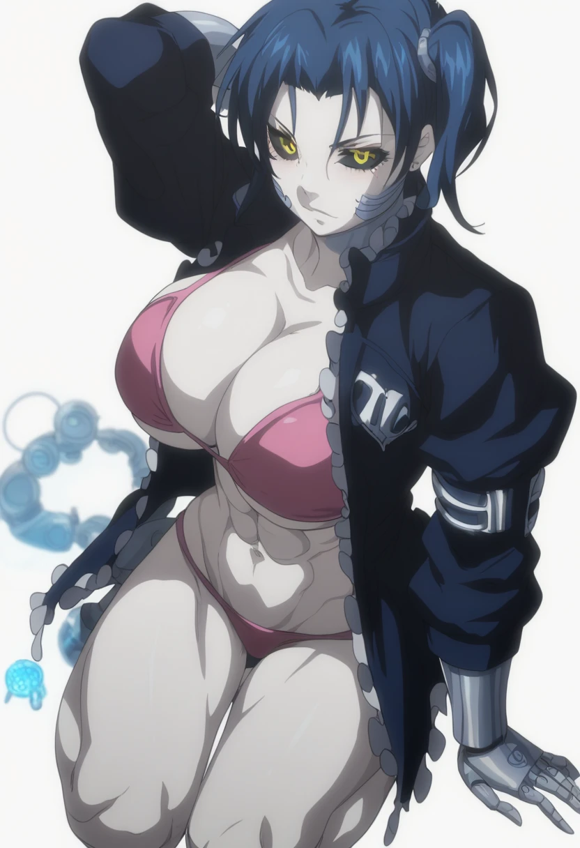 comic cover, action pose, 1girl, fair skin, Yusuke Murata style art, Yusuke Murata style,girl alone, short hair, black hair, blue eyes, anime girl with posing tattoos, digital anime art, sexy anime girl, female anime girl, anime art, muscular!, big oppai, Ilya Kuvshinov, badass anime 8k, anime art, cuberpunk hair, sexy clothes, exercise clothes, very attractive, sensual,a goth, beautiful face, serious face, short black hair, perfect body, fit body, abdomen, large breasts, clothes with neckline, muscular, simple background,